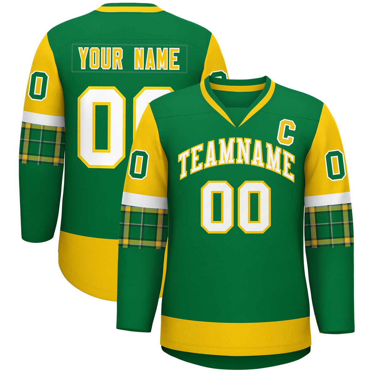 Custom Kelly Green Gold-White Personalized Raglan Sleeves V-Neck Hockey Jersey | KXKSHOP