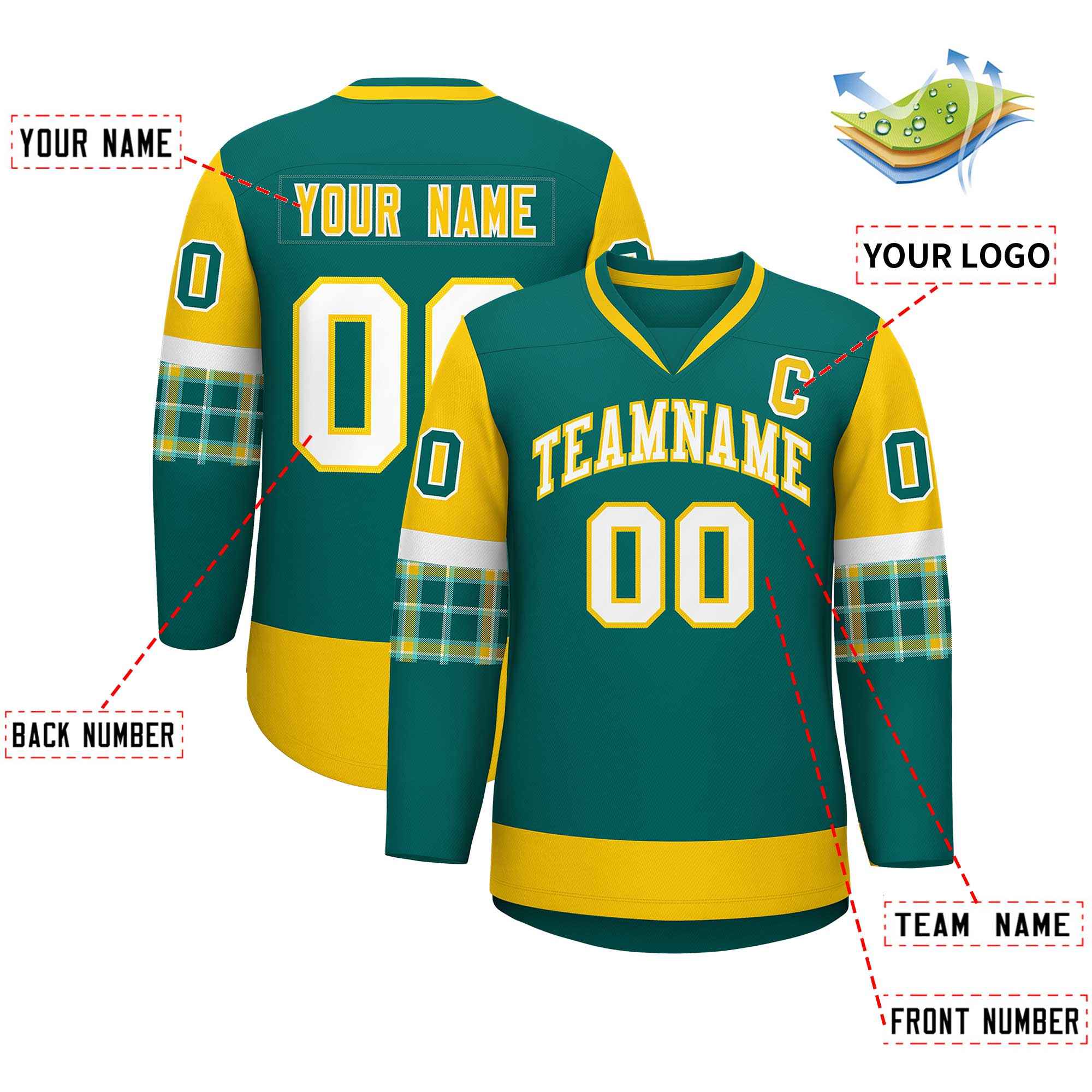 Custom Aqua Gold-White Personalized Raglan Sleeves V-Neck Hockey Jersey | KXKSHOP