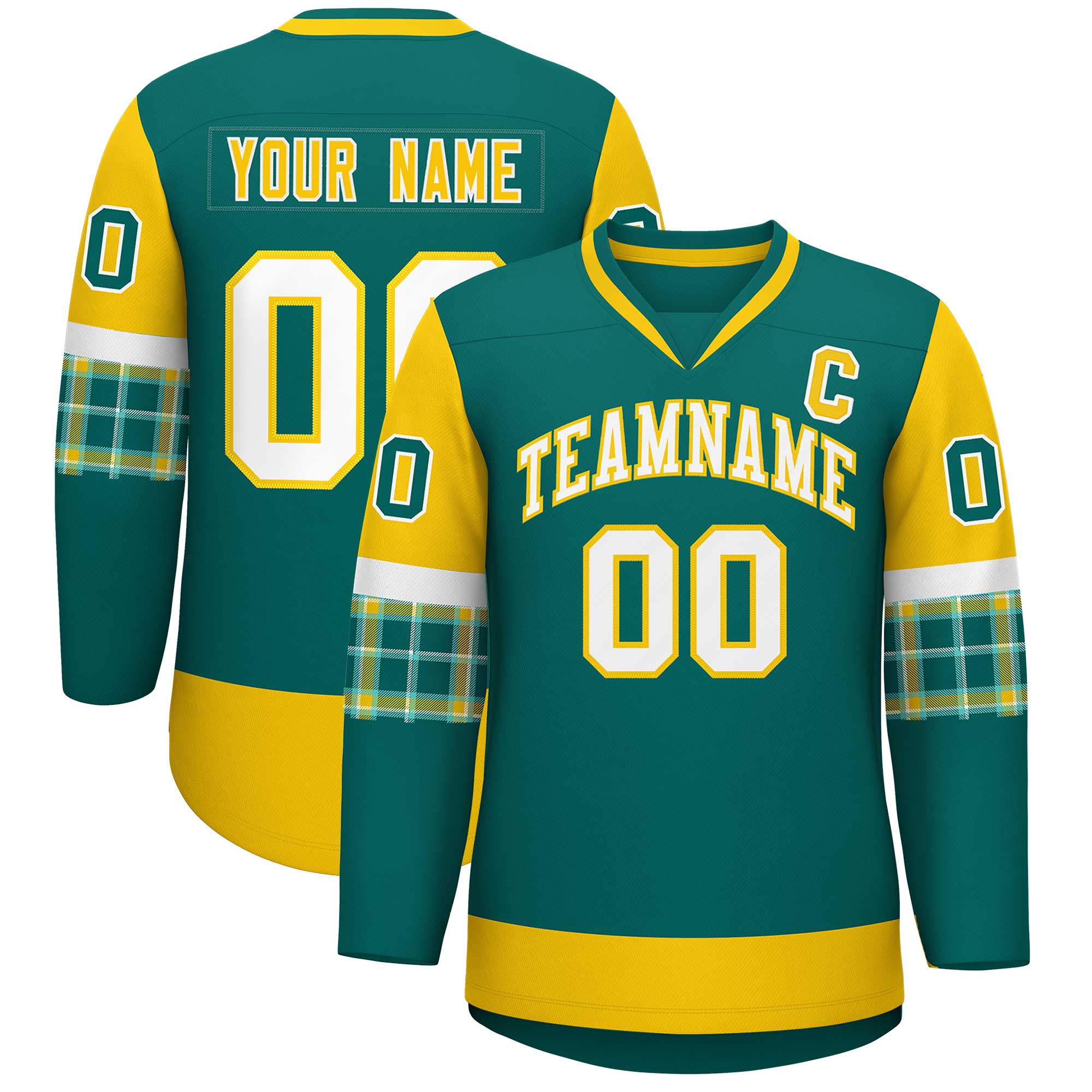 Custom Aqua Gold-White Personalized Raglan Sleeves V-Neck Hockey Jersey | KXKSHOP