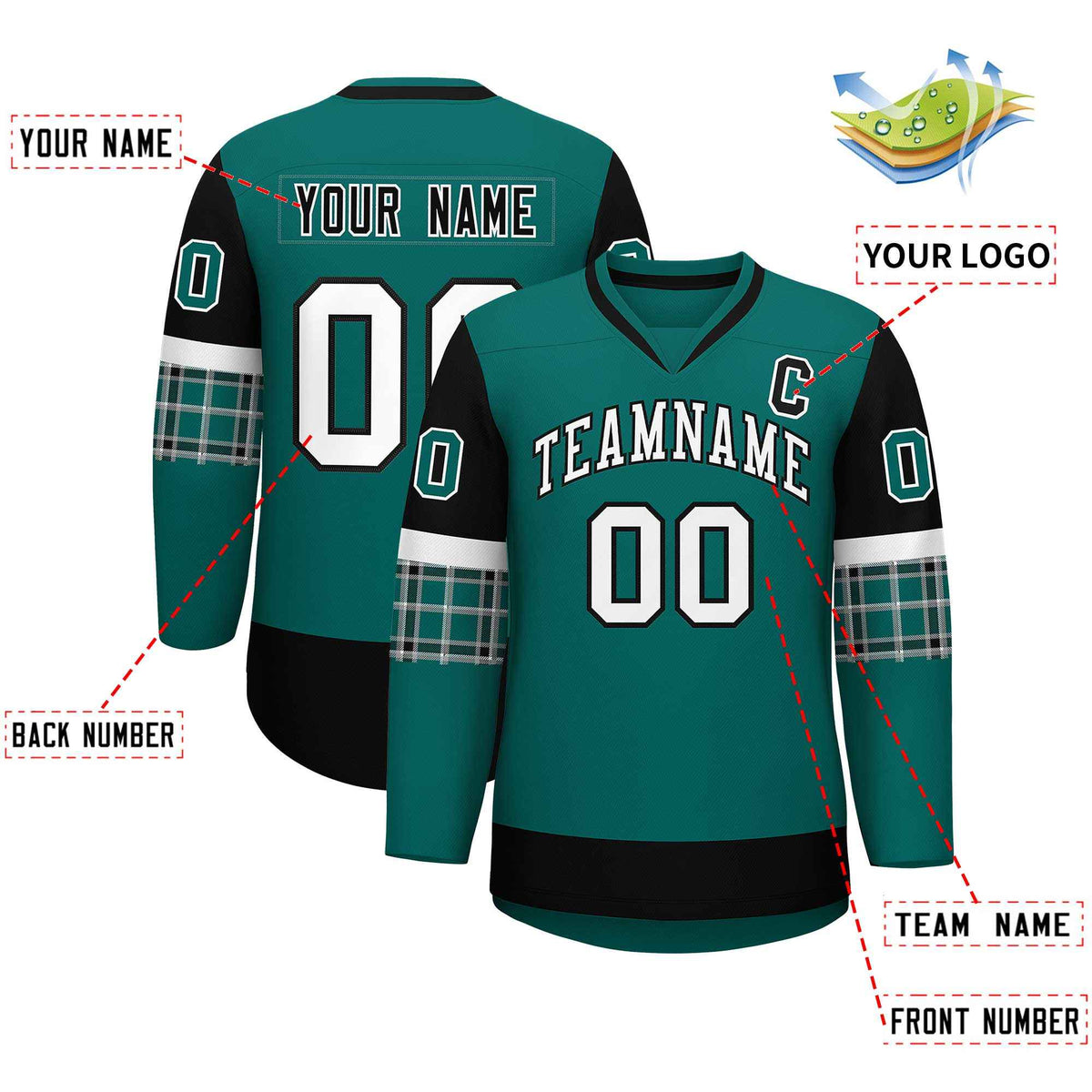 Custom Aqua Black-White Personalized Raglan Sleeves V-Neck Hockey Jersey | KXKSHOP
