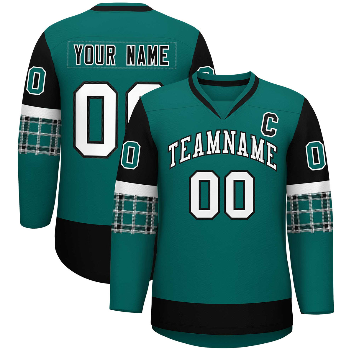 Custom Aqua Black-White Personalized Raglan Sleeves V-Neck Hockey Jersey | KXKSHOP