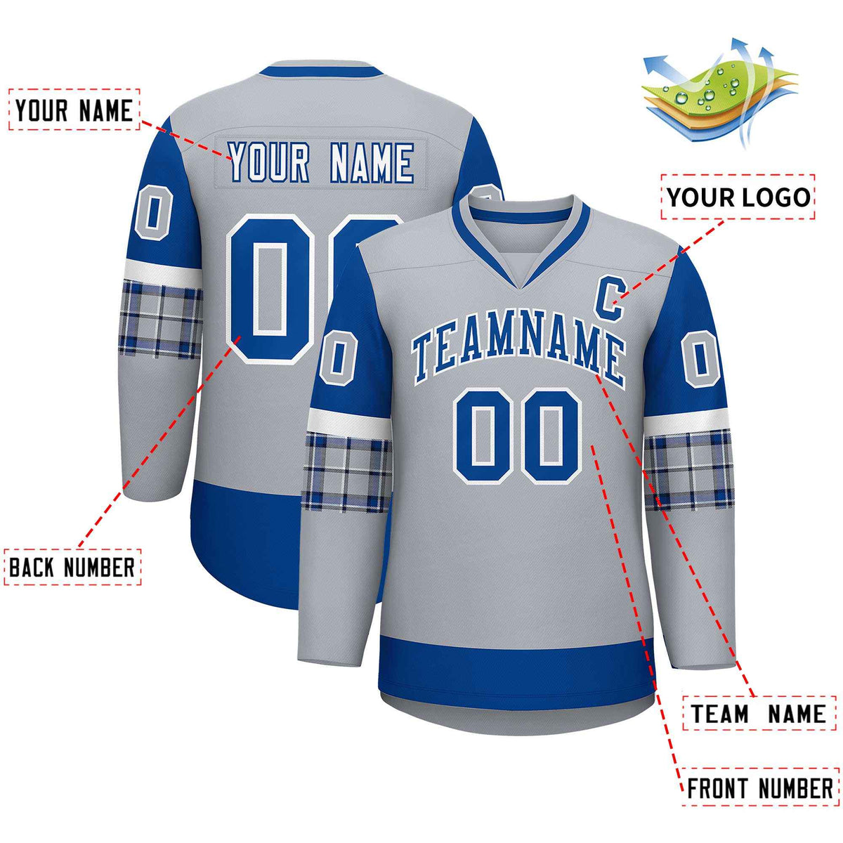 Custom Gray Royal-White Personalized Raglan Sleeves V-Neck Hockey Jersey | KXKSHOP