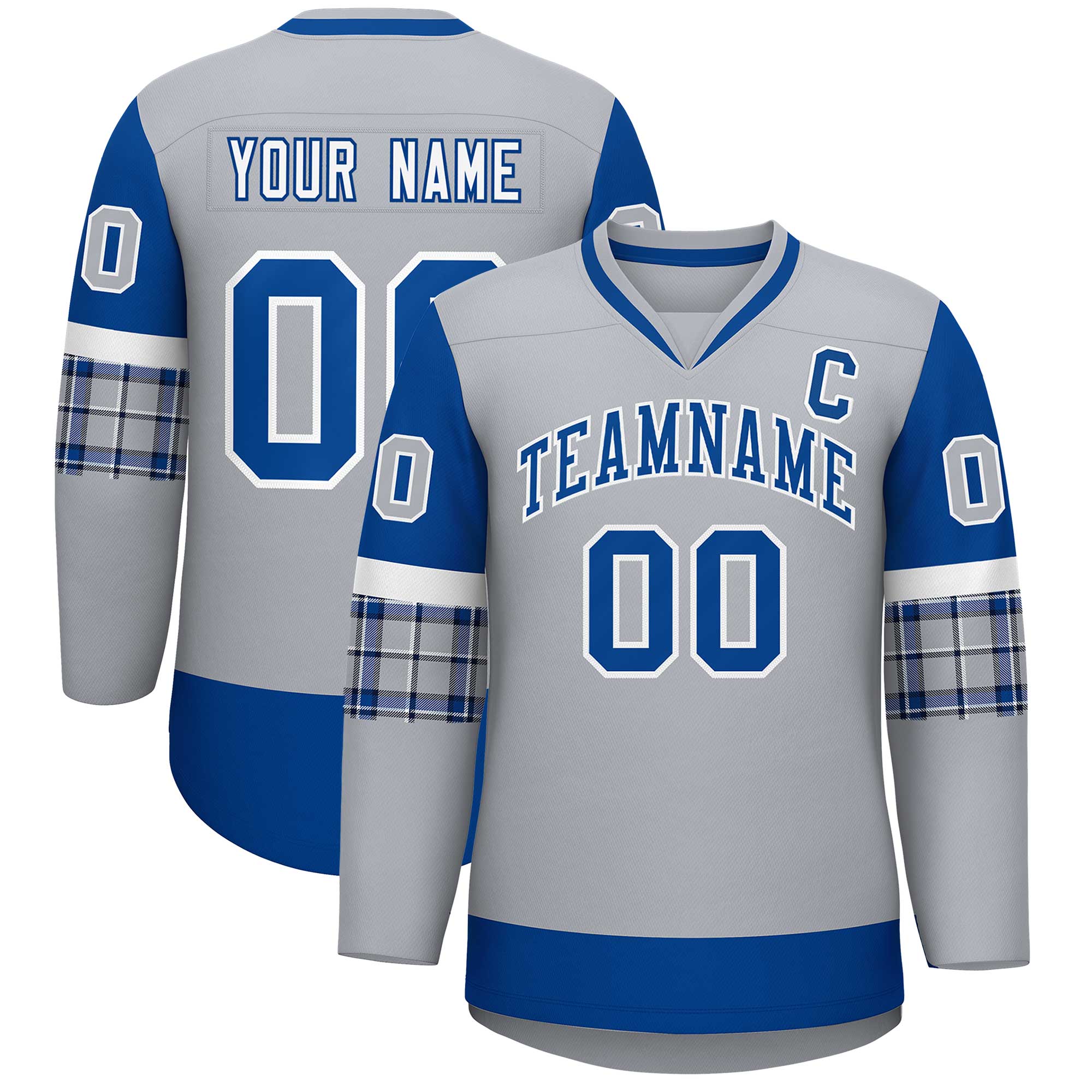 Custom Gray Royal-White Personalized Raglan Sleeves V-Neck Hockey Jersey | KXKSHOP
