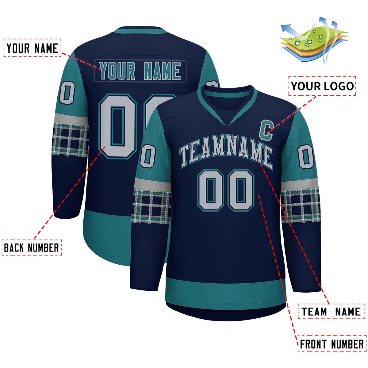 Custom Navy Aqua-Gray Personalized Raglan Sleeves V-Neck Hockey Jersey | KXKSHOP