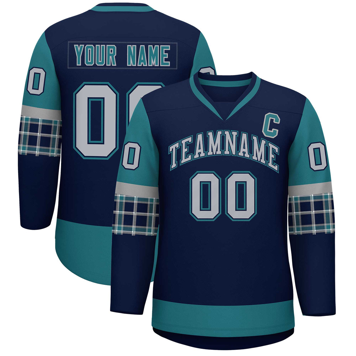 Custom Navy Aqua-Gray Personalized Raglan Sleeves V-Neck Hockey Jersey | KXKSHOP
