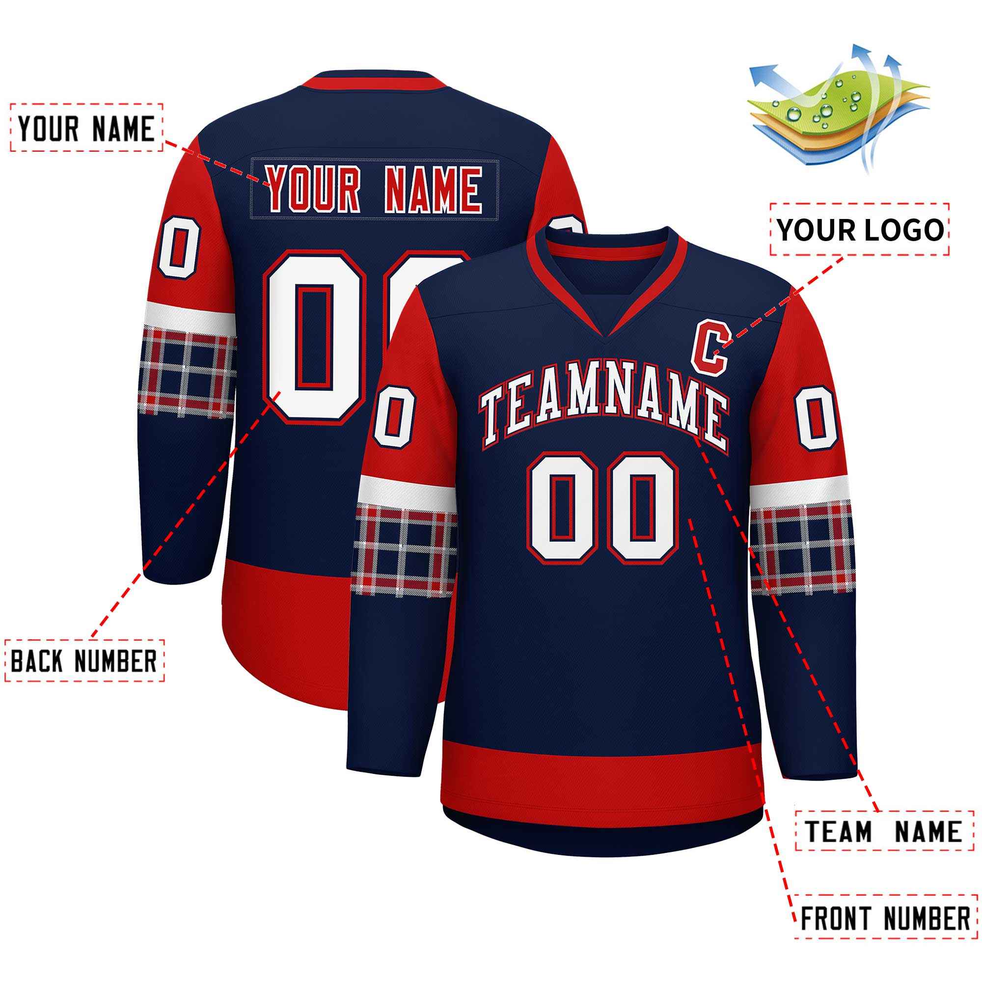 Custom Navy Red-White Personalized Raglan Sleeves V-Neck Hockey Jersey | KXKSHOP