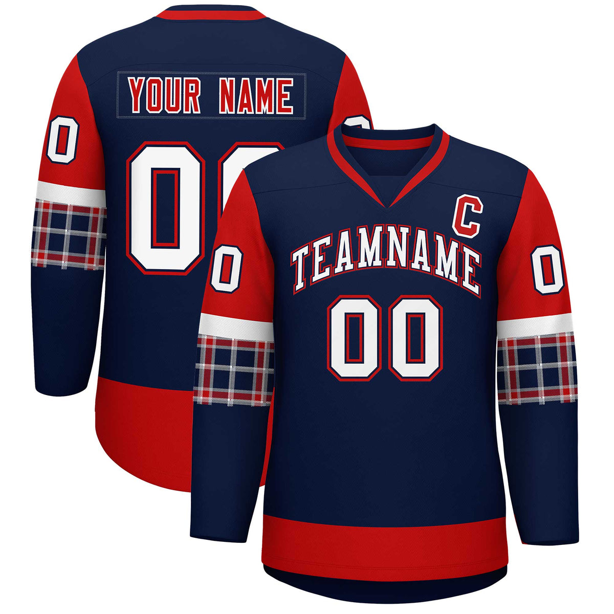 Custom Navy Red-White Personalized Raglan Sleeves V-Neck Hockey Jersey | KXKSHOP