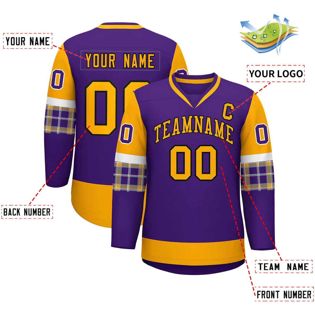 Custom Purple Yellow-White Personalized Raglan Sleeves V-Neck Hockey Jersey | KXKSHOP