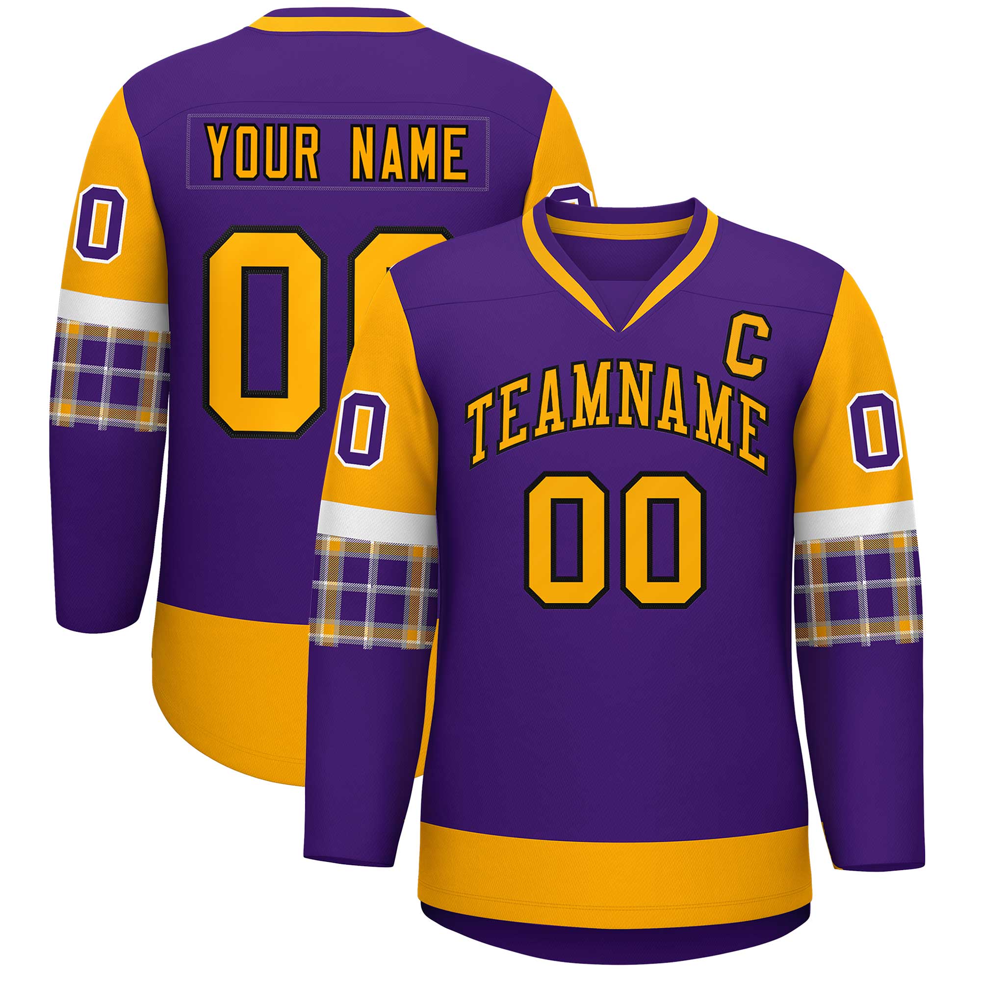 Custom Purple Yellow-White Personalized Raglan Sleeves V-Neck Hockey Jersey | KXKSHOP