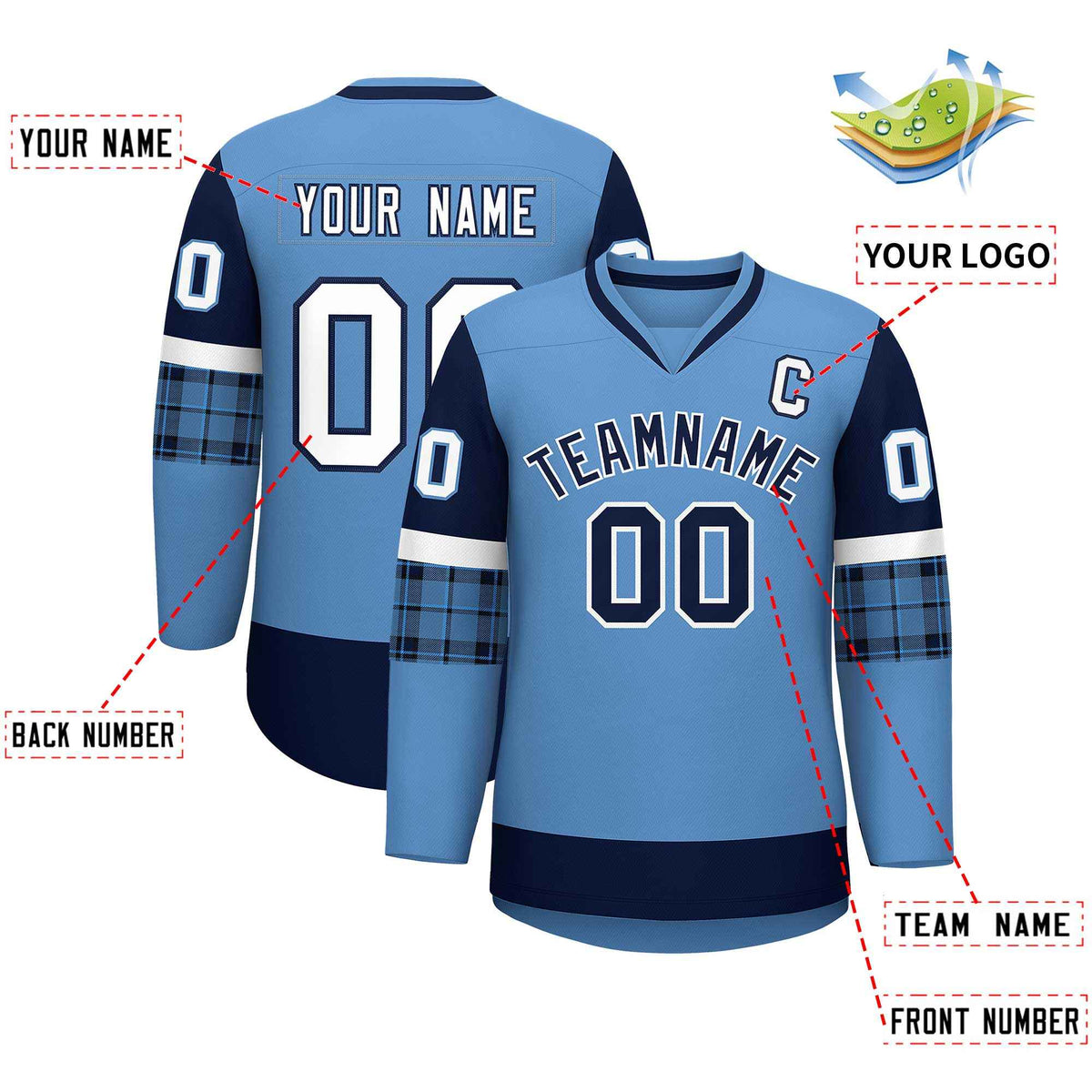 Custom Light Blue Navy-White Personalized Raglan Sleeves V-Neck Hockey Jersey | KXKSHOP