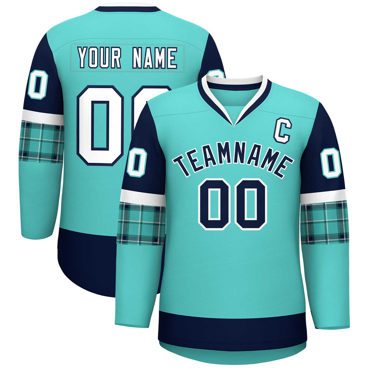 Custom Bright Green Navy-White Personalized Raglan Sleeves V-Neck Hockey Jersey | KXKSHOP
