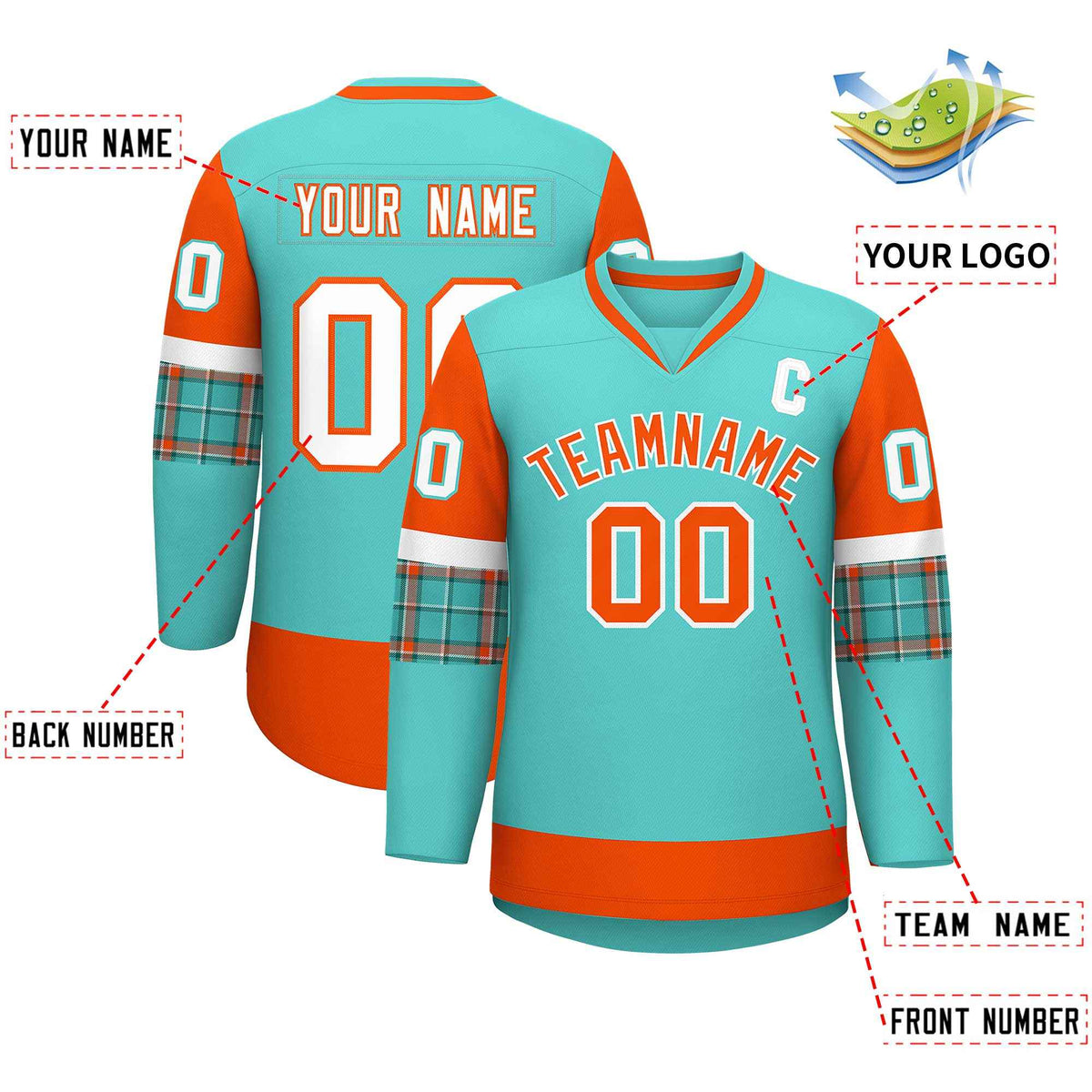 Custom Bright Green Orange-White Personalized Raglan Sleeves V-Neck Hockey Jersey | KXKSHOP