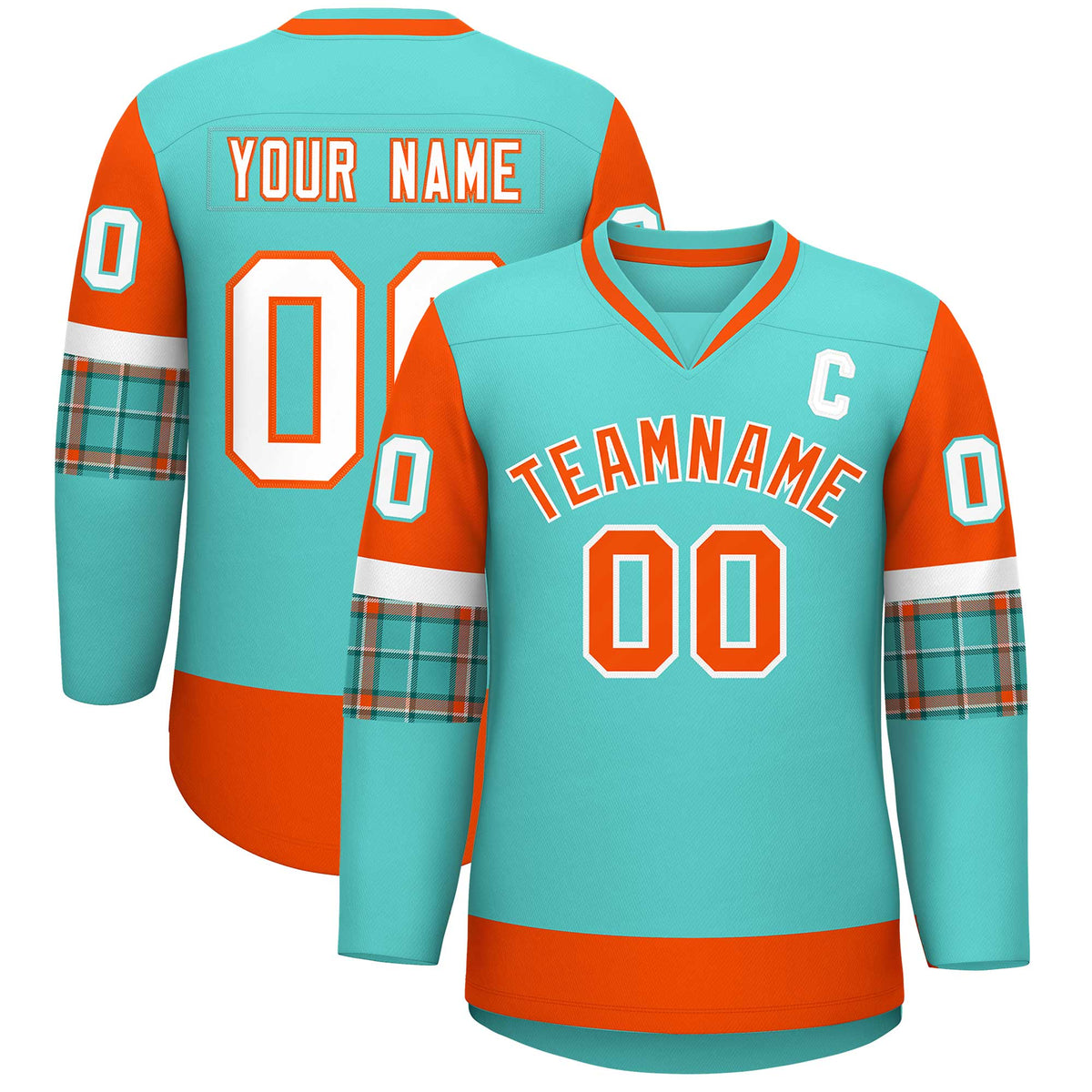 Custom Bright Green Orange-White Personalized Raglan Sleeves V-Neck Hockey Jersey | KXKSHOP
