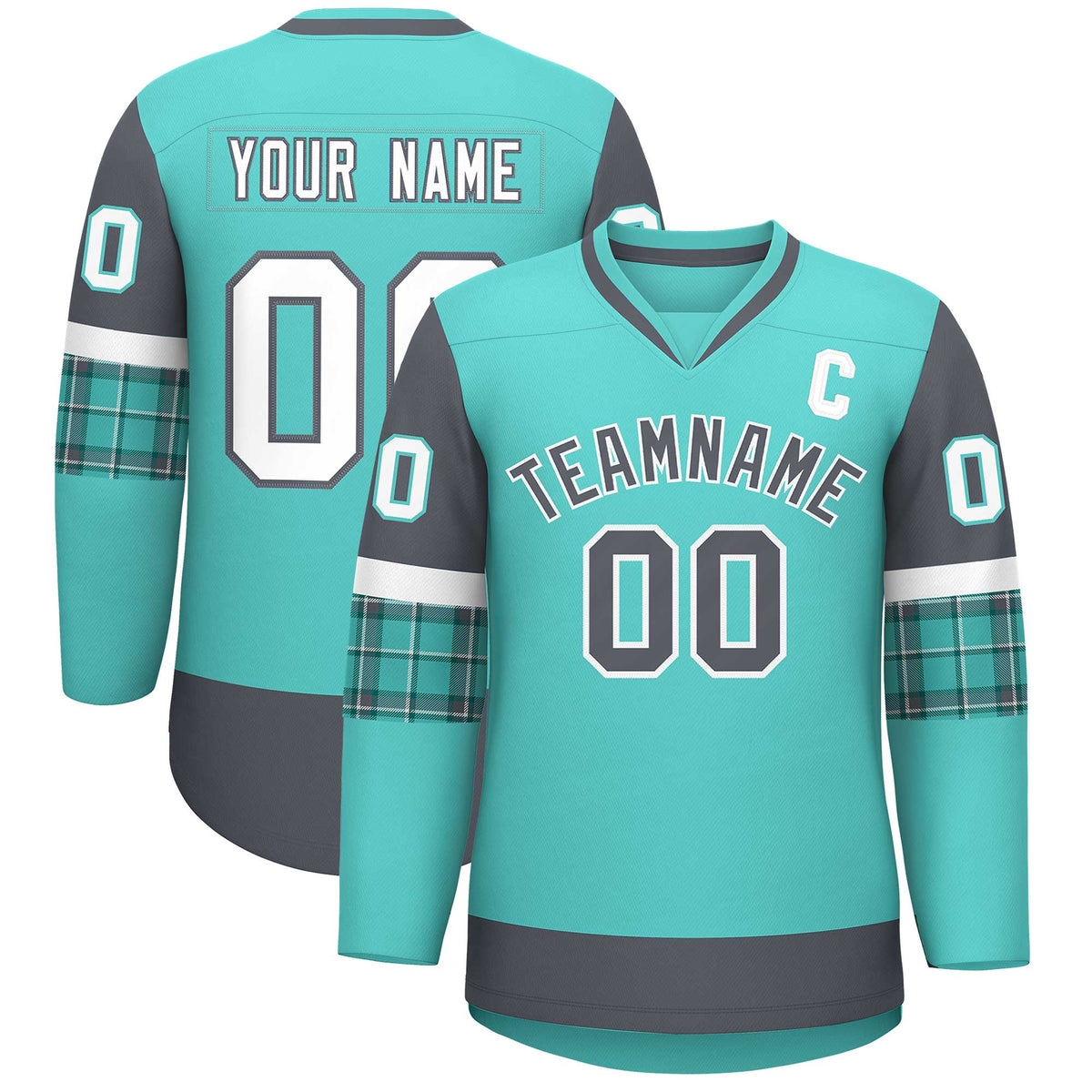 Custom Bright Green Dark Gray-White Personalized Raglan Sleeves V-Neck Hockey Jersey | KXKSHOP