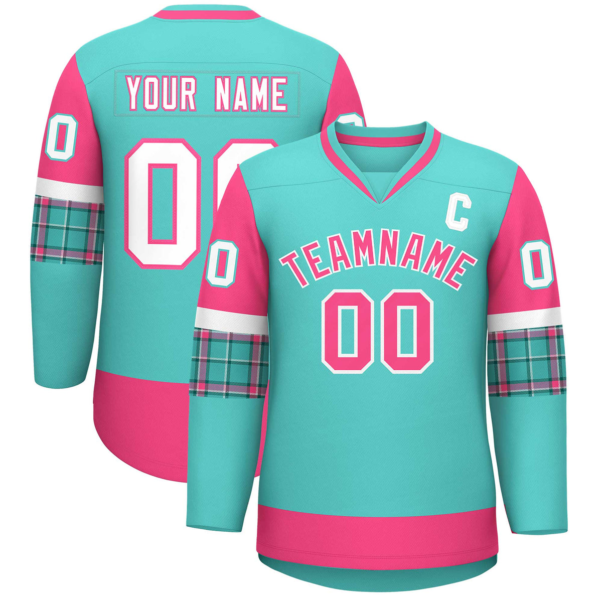 Custom Bright Green Pink-White Personalized Raglan Sleeves V-Neck Hockey Jersey | KXKSHOP