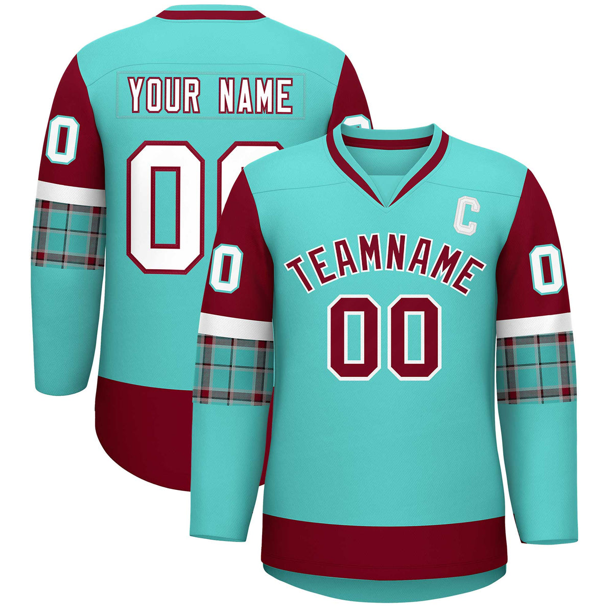 Custom Bright Green Crimson-White Personalized Raglan Sleeves V-Neck Hockey Jersey | KXKSHOP