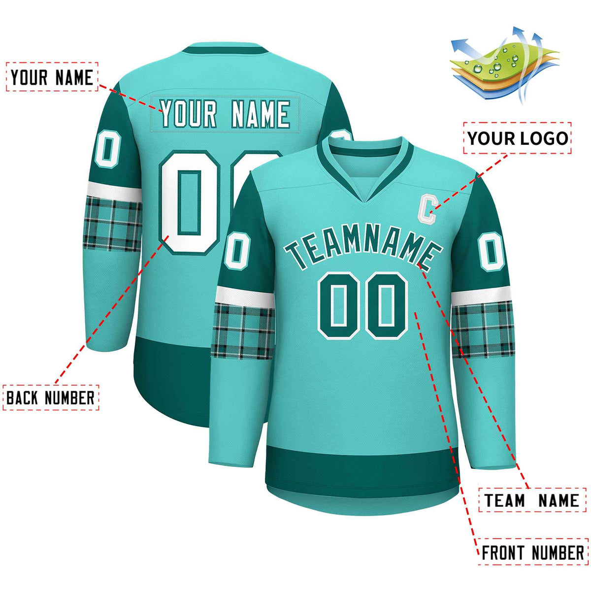 Custom Bright Green Aqua-White Personalized Raglan Sleeves V-Neck Hockey Jersey | KXKSHOP