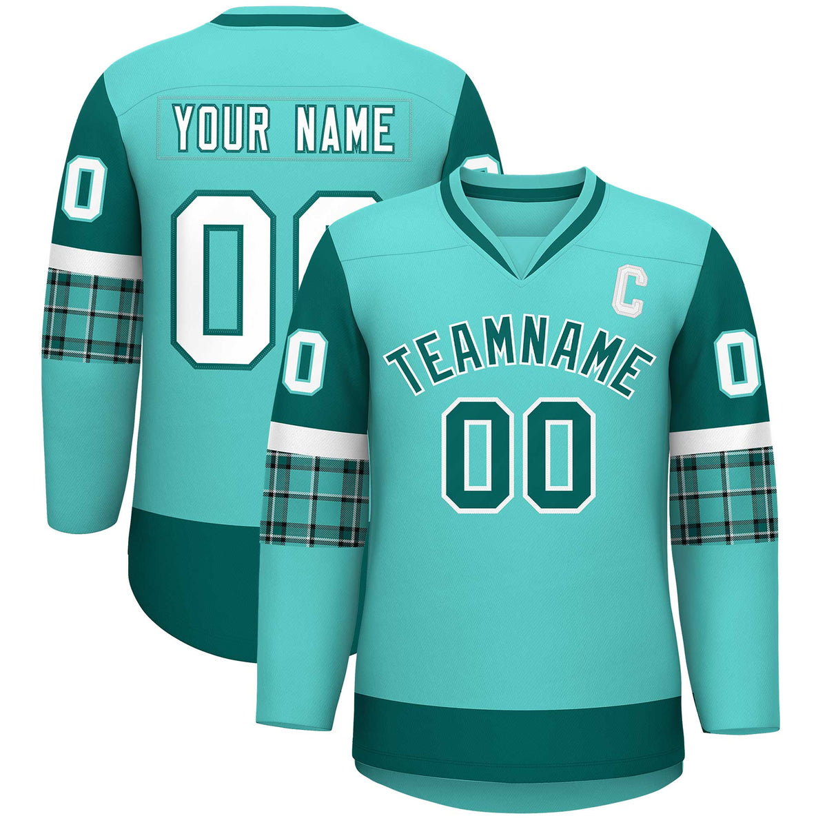 Custom Bright Green Aqua-White Personalized Raglan Sleeves V-Neck Hockey Jersey | KXKSHOP