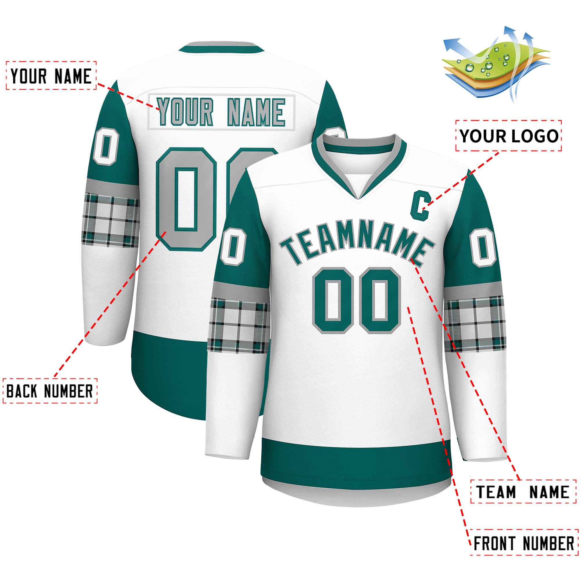 Custom White Aqua-Gray Personalized Raglan Sleeves V-Neck Hockey Jersey | KXKSHOP