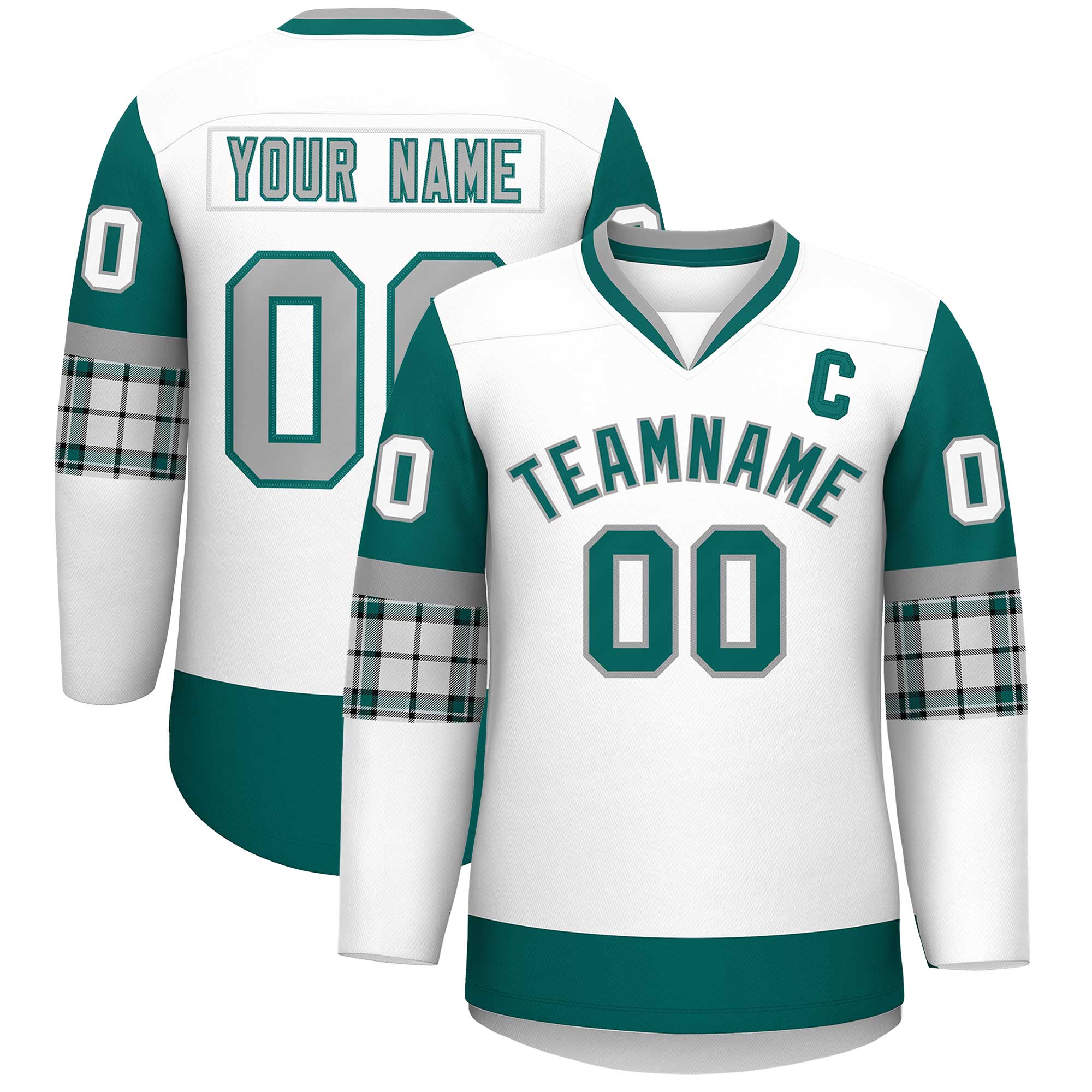 Custom White Aqua-Gray Personalized Raglan Sleeves V-Neck Hockey Jersey | KXKSHOP