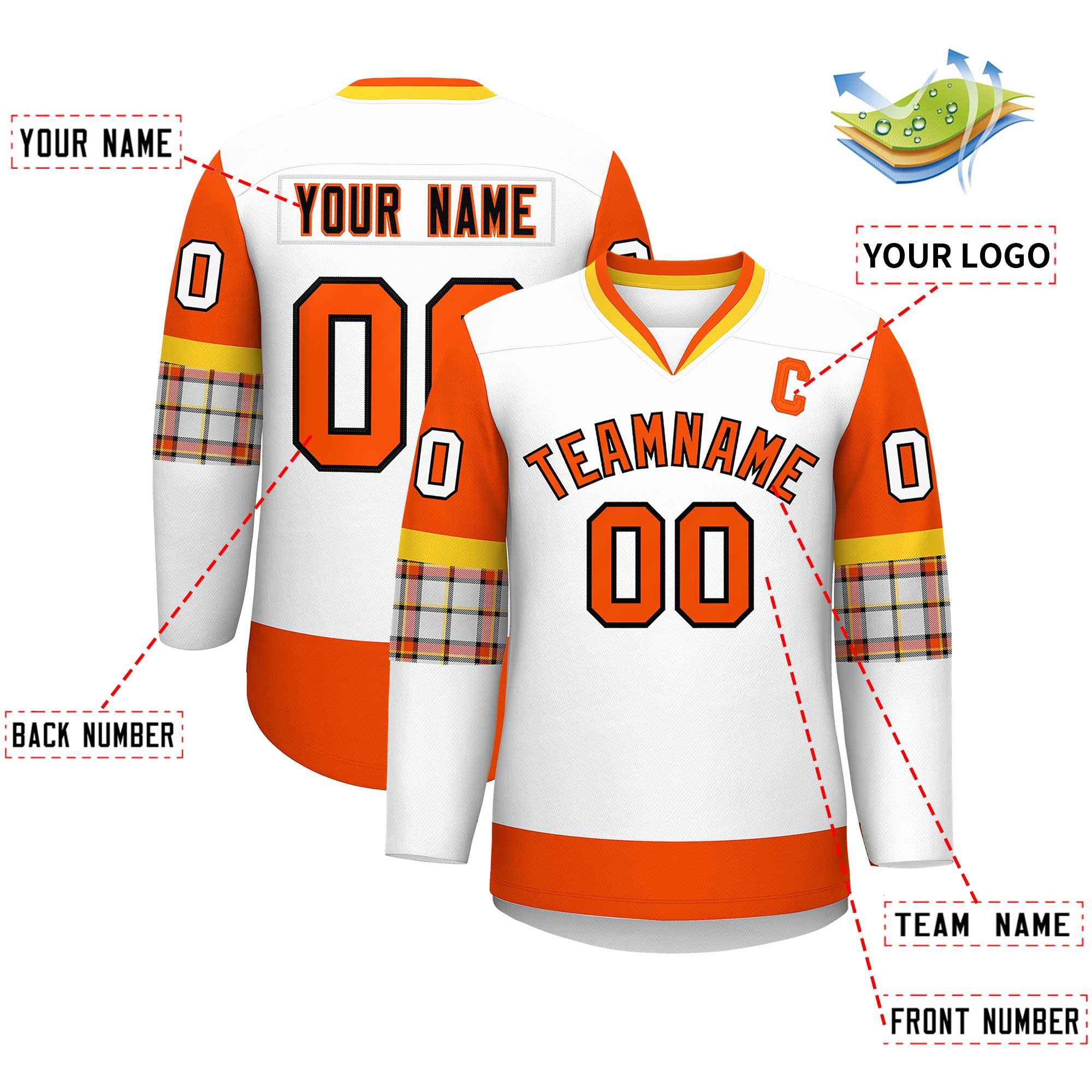 Custom White Orange-Yellow Personalized Raglan Sleeves V-Neck Hockey Jersey | KXKSHOP