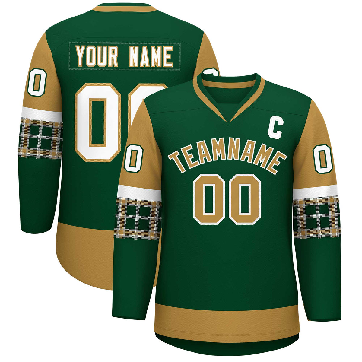 Custom Green Old Gold-White Personalized Raglan Sleeves V-Neck Hockey Jersey | KXKSHOP