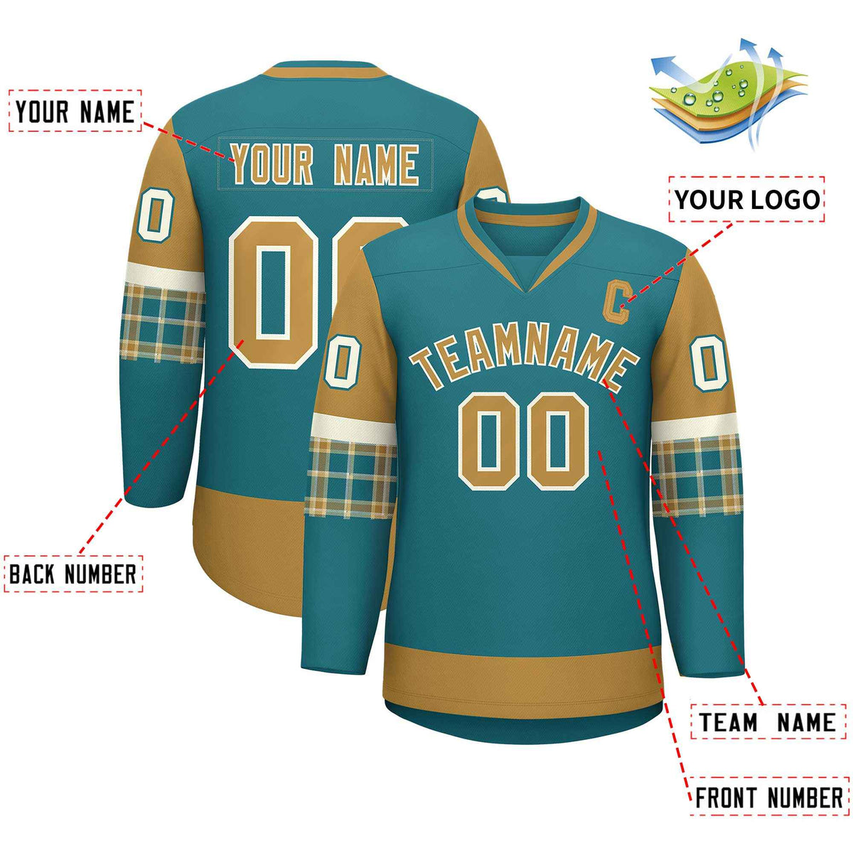Custom Aqua Old Gold-Cream Personalized Raglan Sleeves V-Neck Hockey Jersey | KXKSHOP
