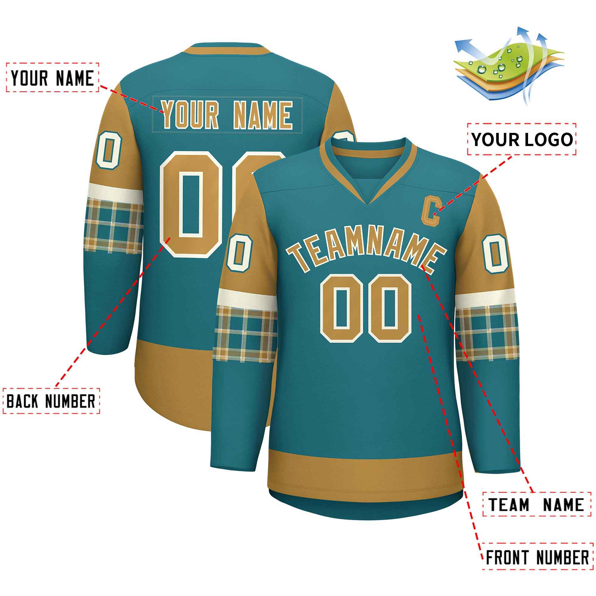 Custom Aqua Old Gold-Cream Personalized Raglan Sleeves V-Neck Hockey Jersey | KXKSHOP