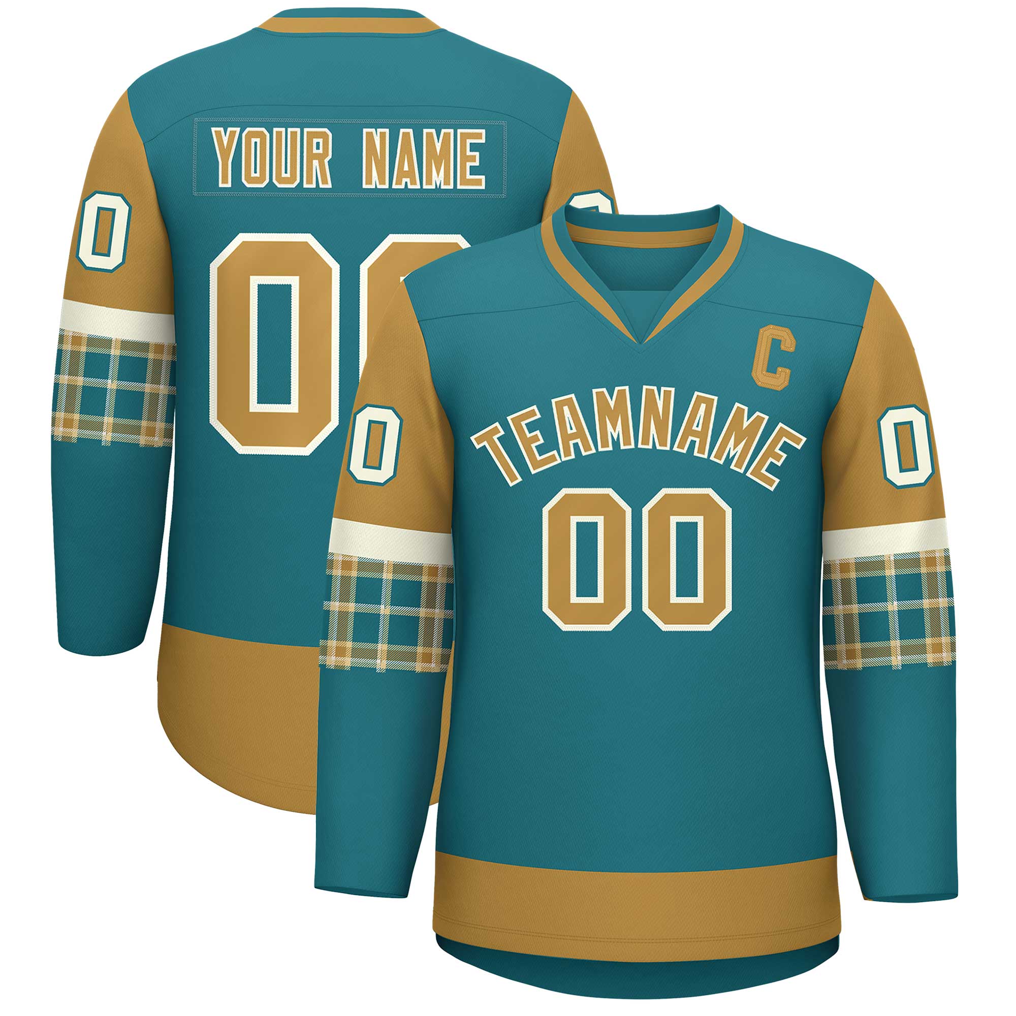 Custom Aqua Old Gold-Cream Personalized Raglan Sleeves V-Neck Hockey Jersey | KXKSHOP