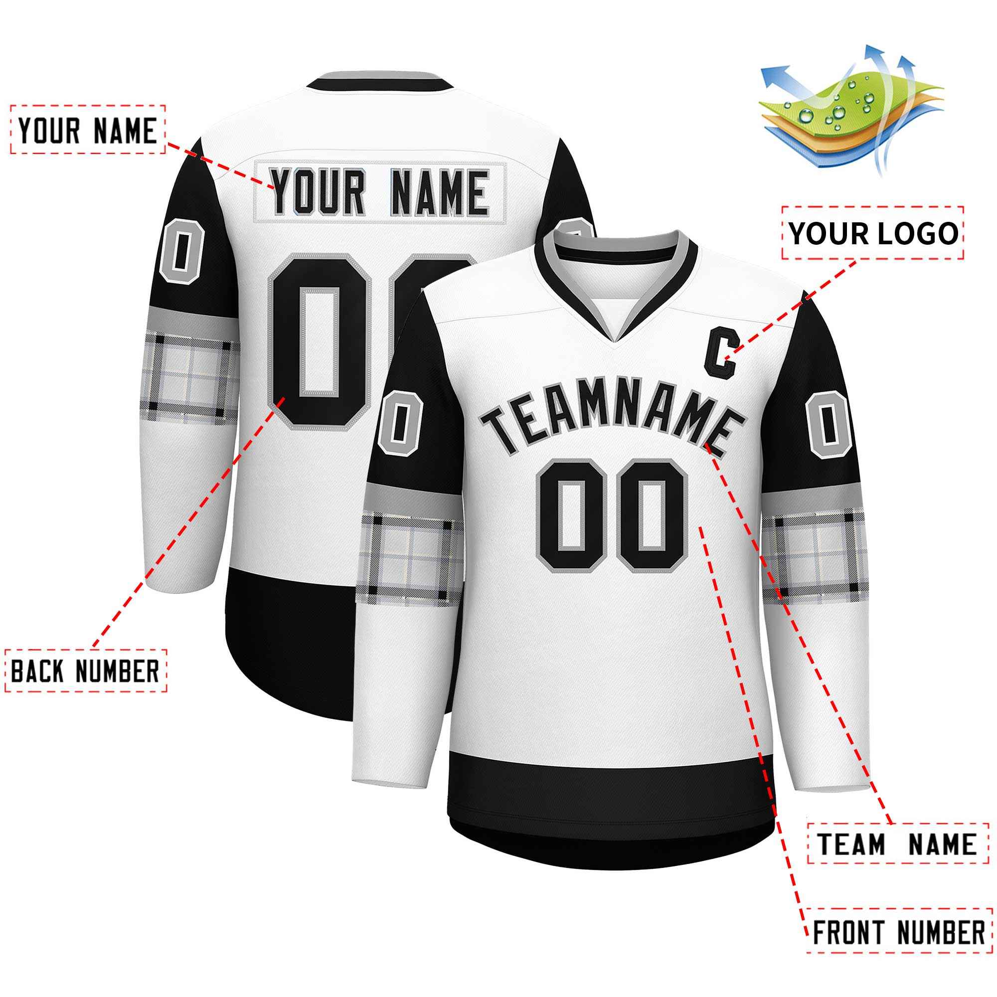 Custom White Black-Gray Personalized Raglan Sleeves V-Neck Hockey Jersey | KXKSHOP