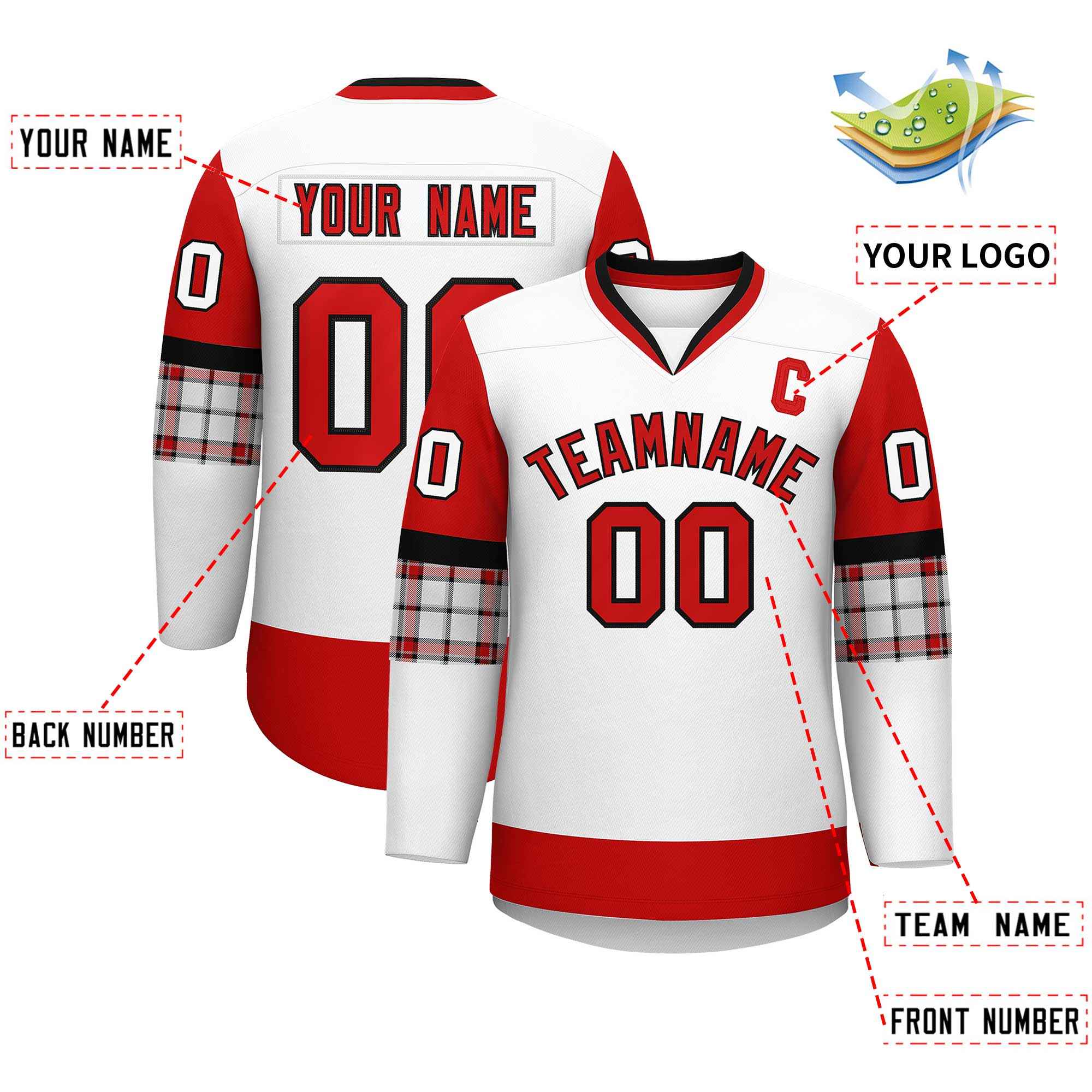 Custom White Red-Black Personalized Raglan Sleeves V-Neck Hockey Jersey | KXKSHOP