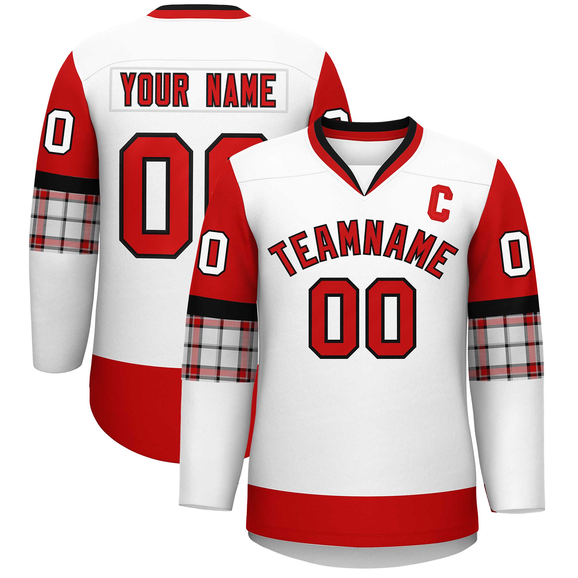 Custom White Red-Black Personalized Raglan Sleeves V-Neck Hockey Jersey | KXKSHOP