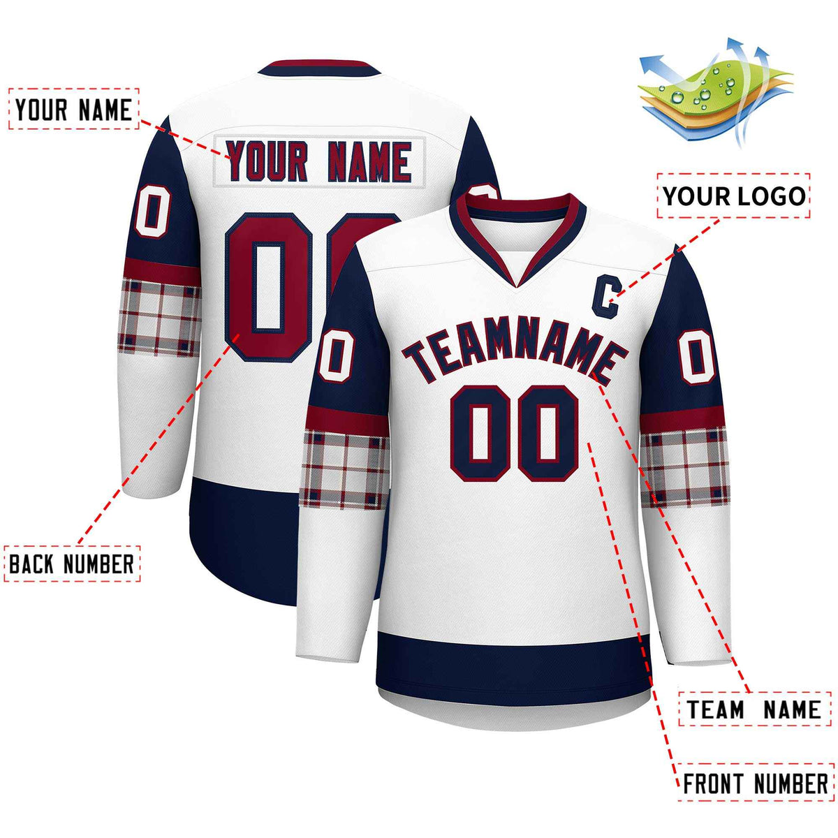 Custom White Navy-Crimson Personalized Raglan Sleeves V-Neck Hockey Jersey | KXKSHOP