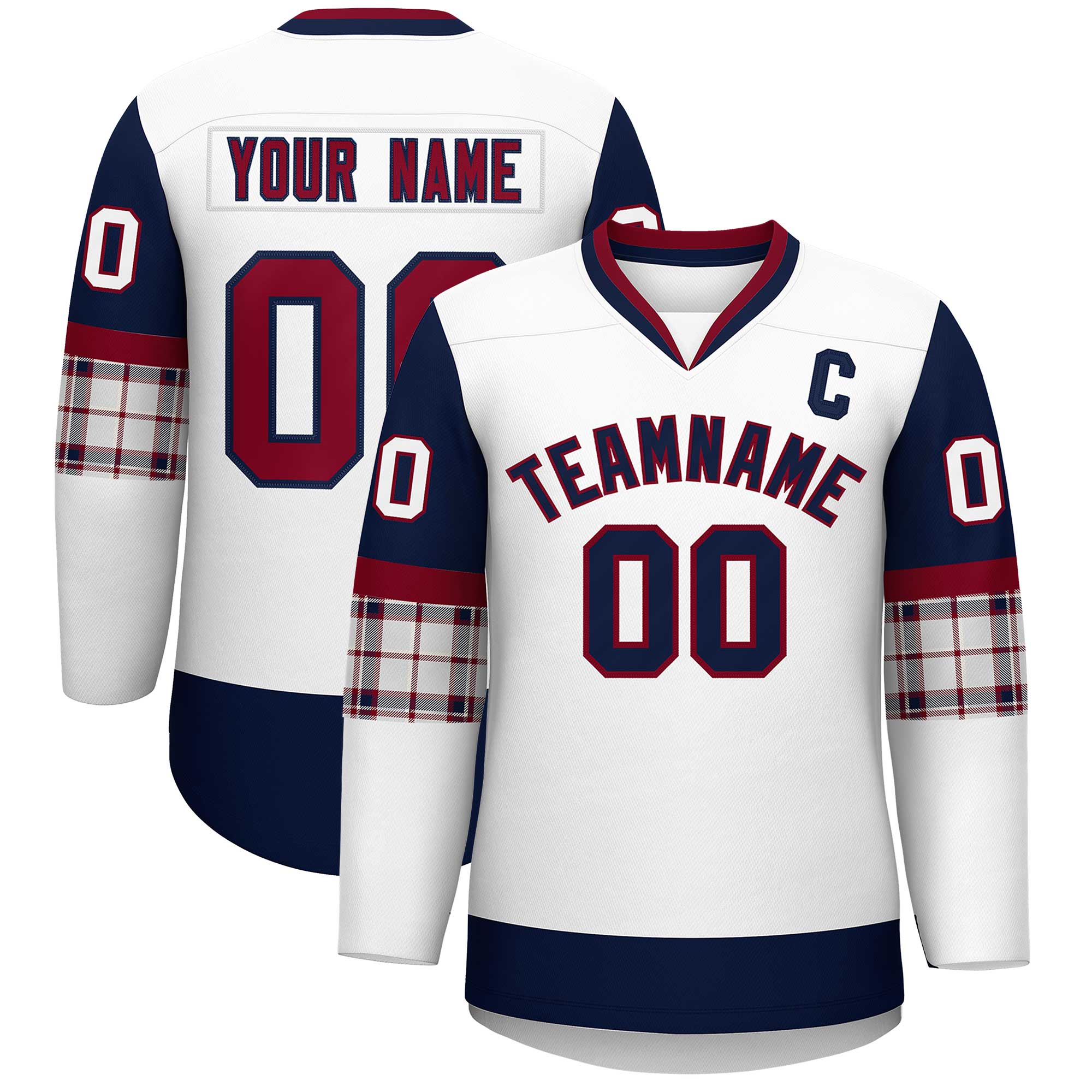 Custom White Navy-Crimson Personalized Raglan Sleeves V-Neck Hockey Jersey | KXKSHOP