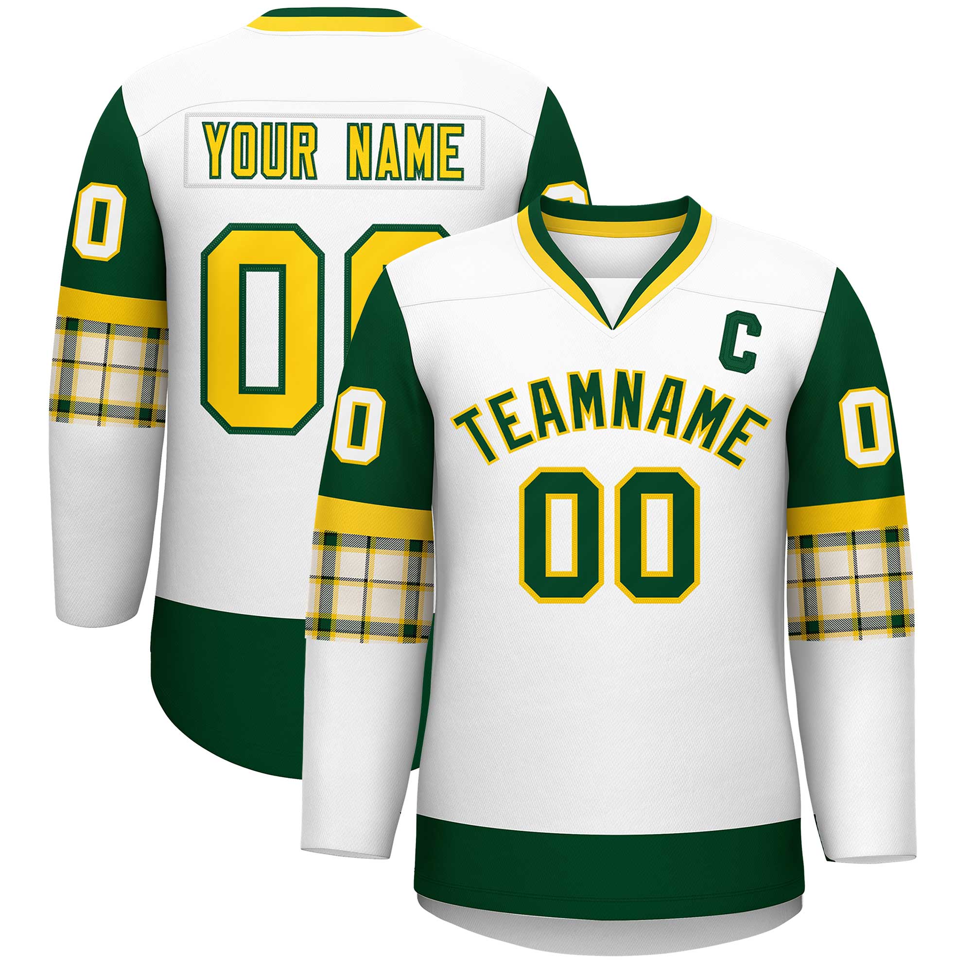 Custom White Green-Yellow Personalized Raglan Sleeves V-Neck Hockey Jersey | KXKSHOP