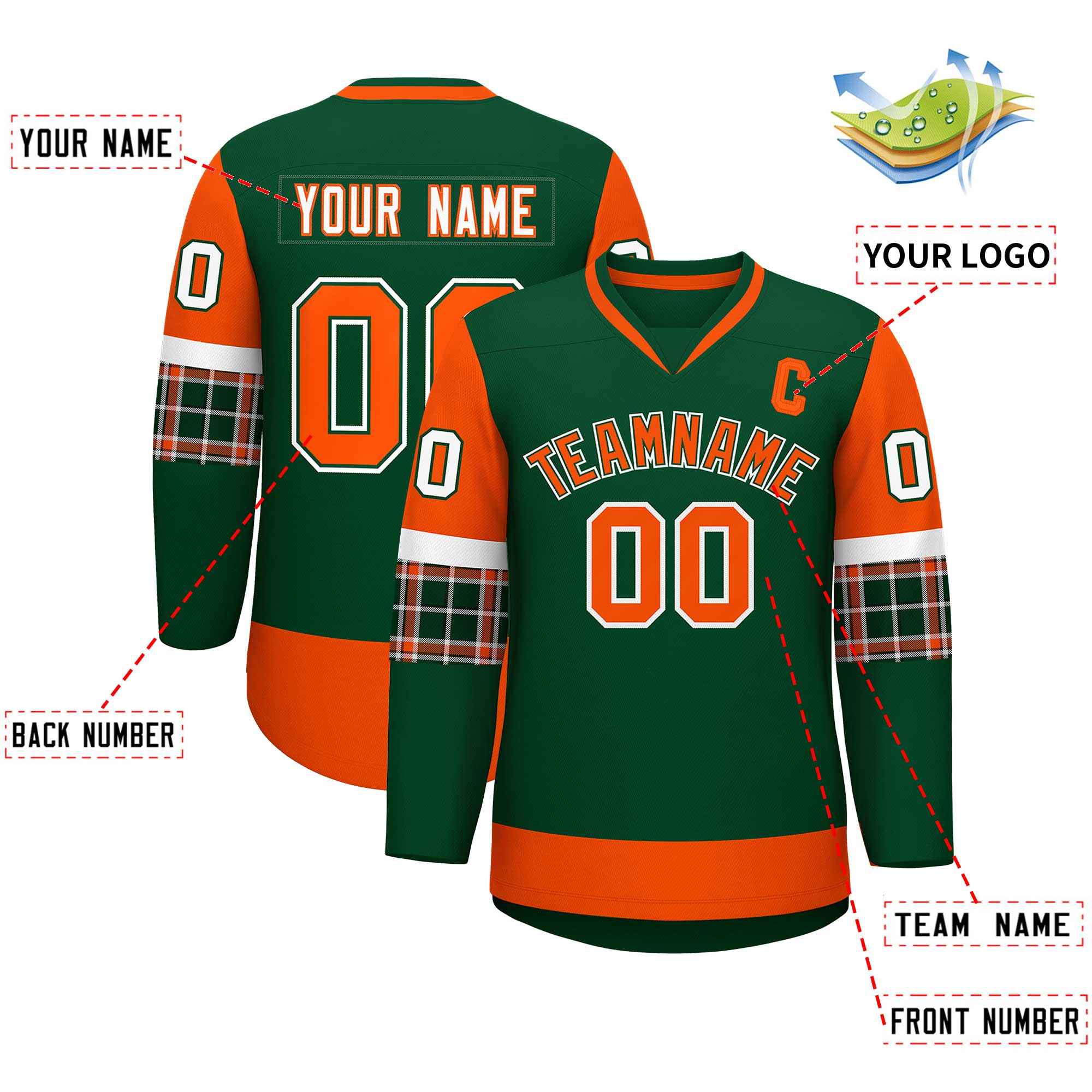 Custom Green Orange-White Personalized Raglan Sleeves V-Neck Hockey Jersey | KXKSHOP