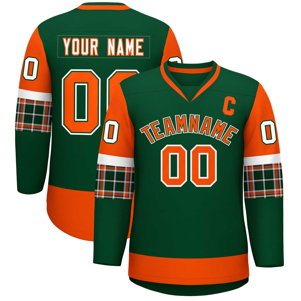 Custom Green Orange-White Personalized Raglan Sleeves V-Neck Hockey Jersey | KXKSHOP