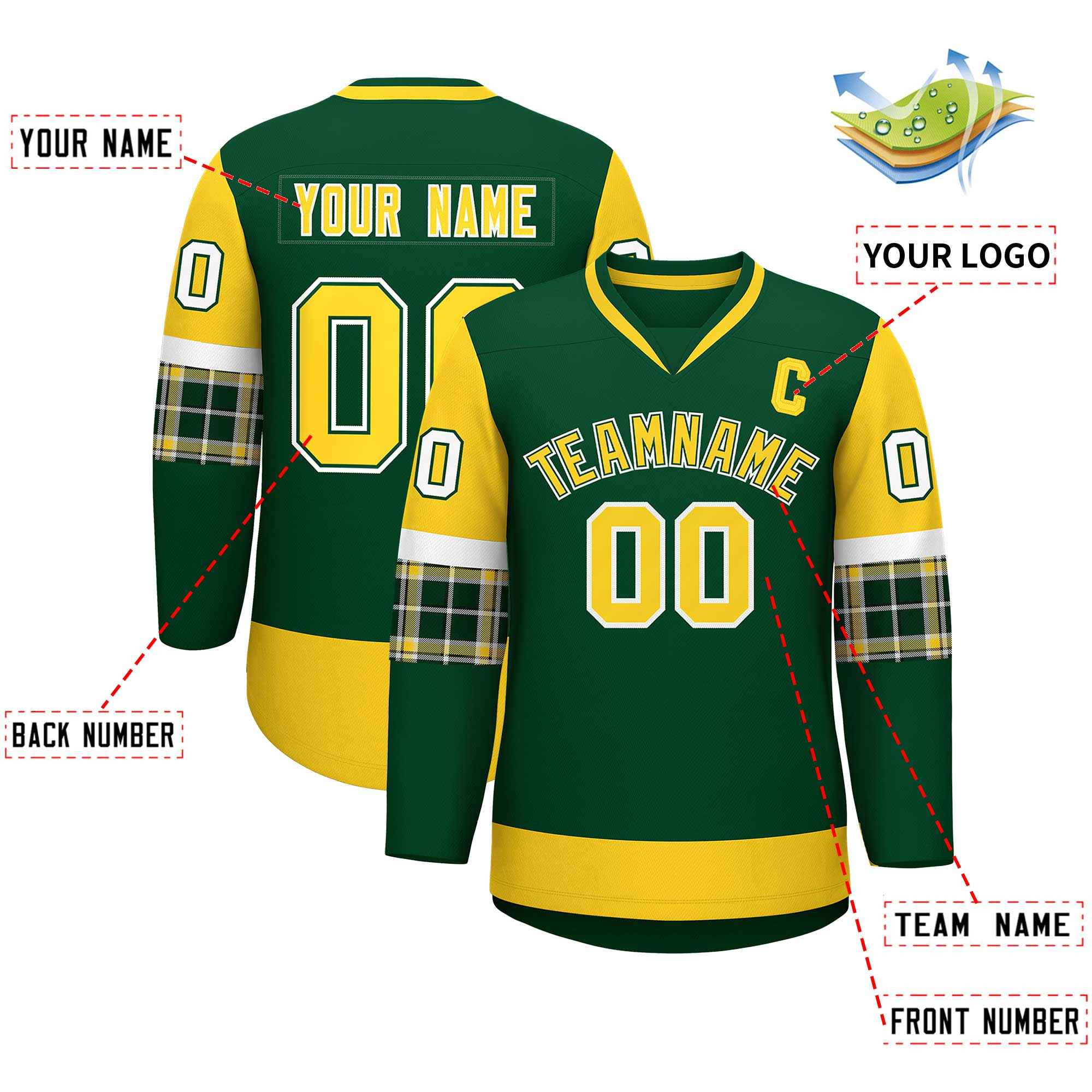 Custom Green Gold-White Personalized Raglan Sleeves V-Neck Hockey Jersey | KXKSHOP