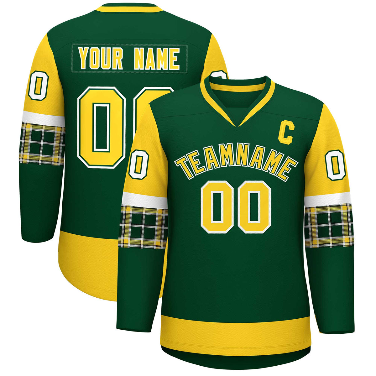 Custom Green Gold-White Personalized Raglan Sleeves V-Neck Hockey Jersey | KXKSHOP
