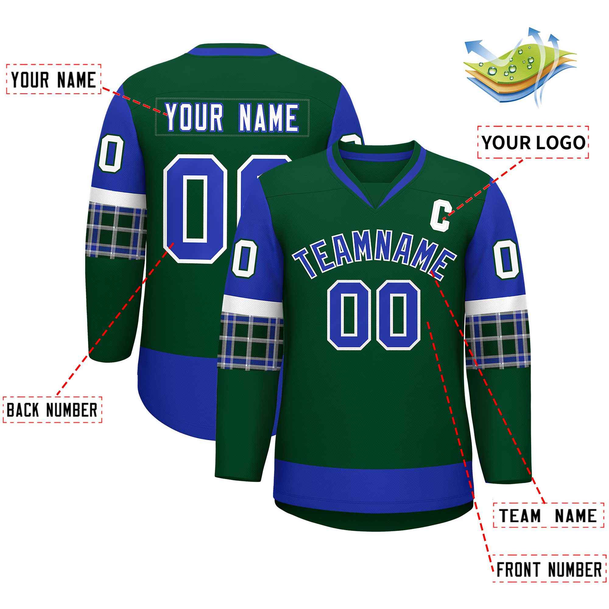 Custom Green Royal-White Personalized Raglan Sleeves V-Neck Hockey Jersey | KXKSHOP