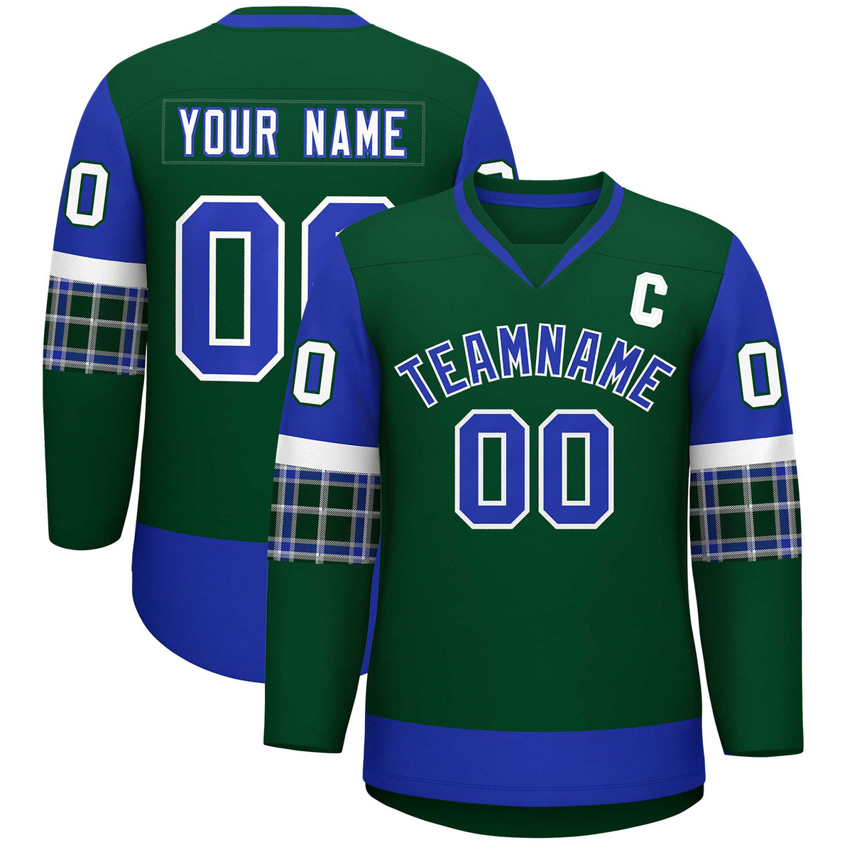 Custom Green Royal-White Personalized Raglan Sleeves V-Neck Hockey Jersey | KXKSHOP