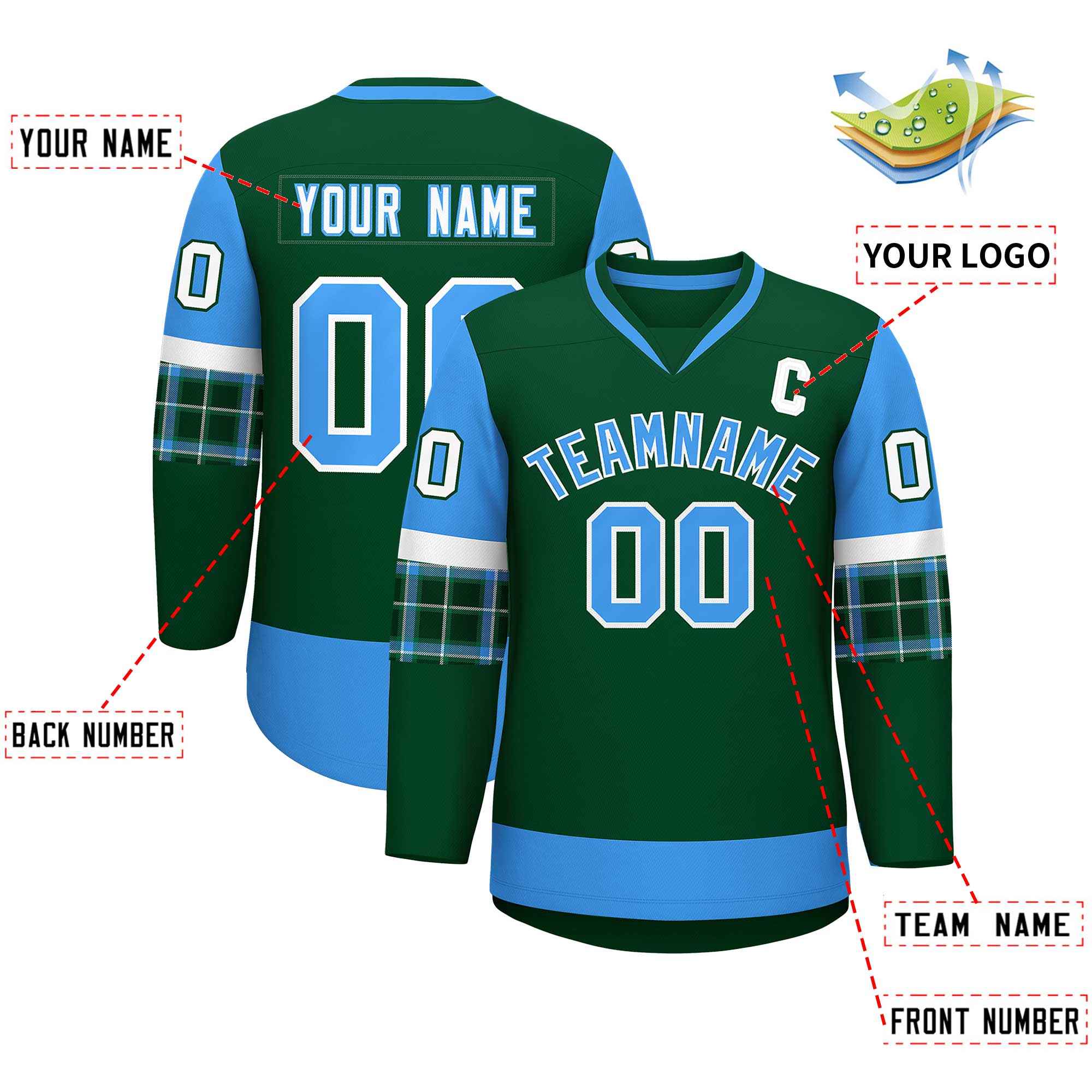 Custom Green Powder Blue-White Personalized Raglan Sleeves V-Neck Hockey Jersey | KXKSHOP