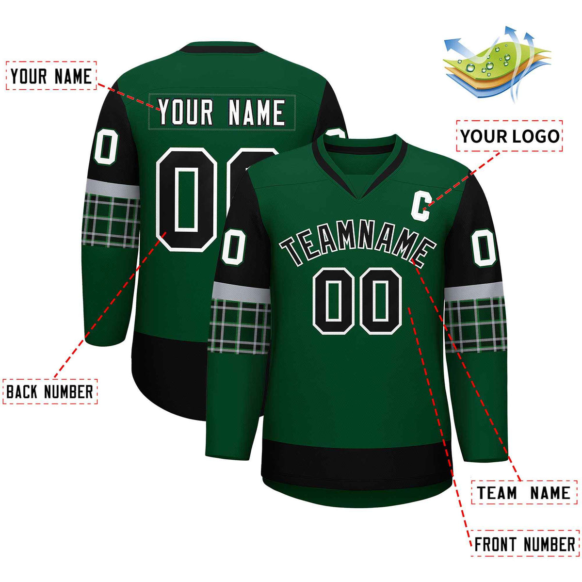 Custom Green Black-White Personalized Raglan Sleeves V-Neck Hockey Jersey | KXKSHOP