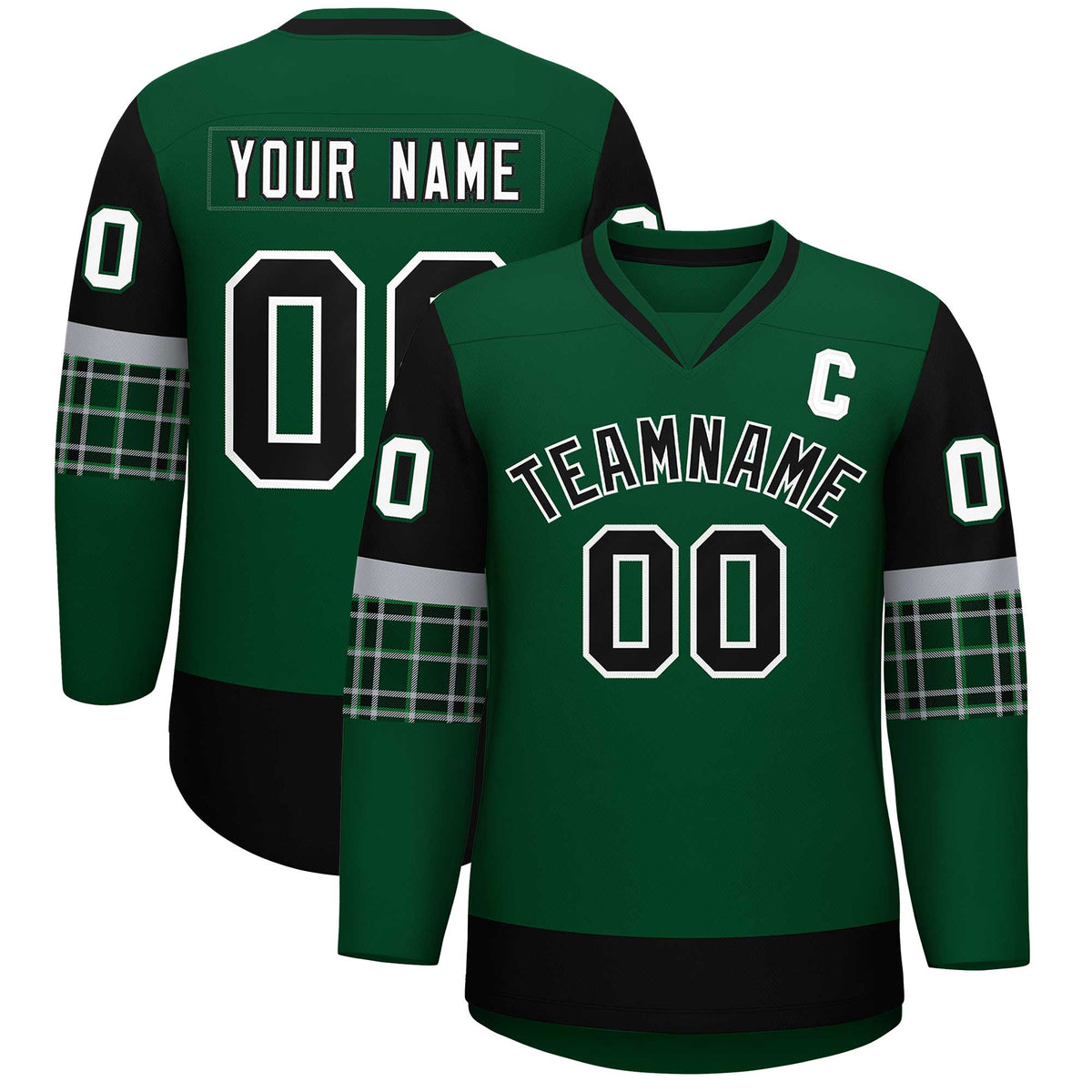 Custom Green Black-White Personalized Raglan Sleeves V-Neck Hockey Jersey | KXKSHOP