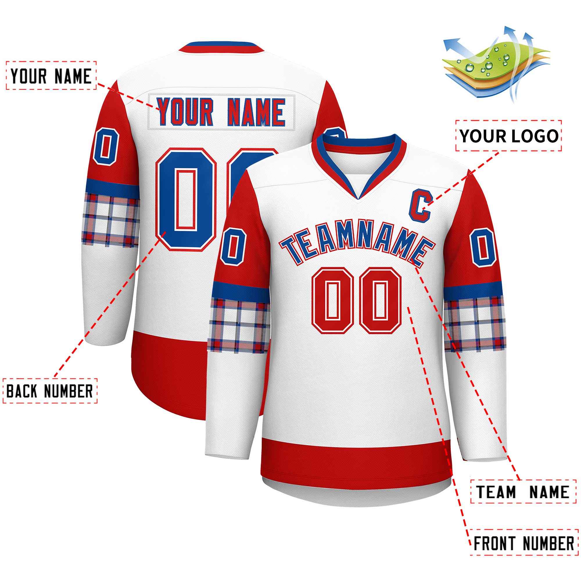 Custom White Red-Royal Personalized Raglan Sleeves V-Neck Hockey Jersey | KXKSHOP