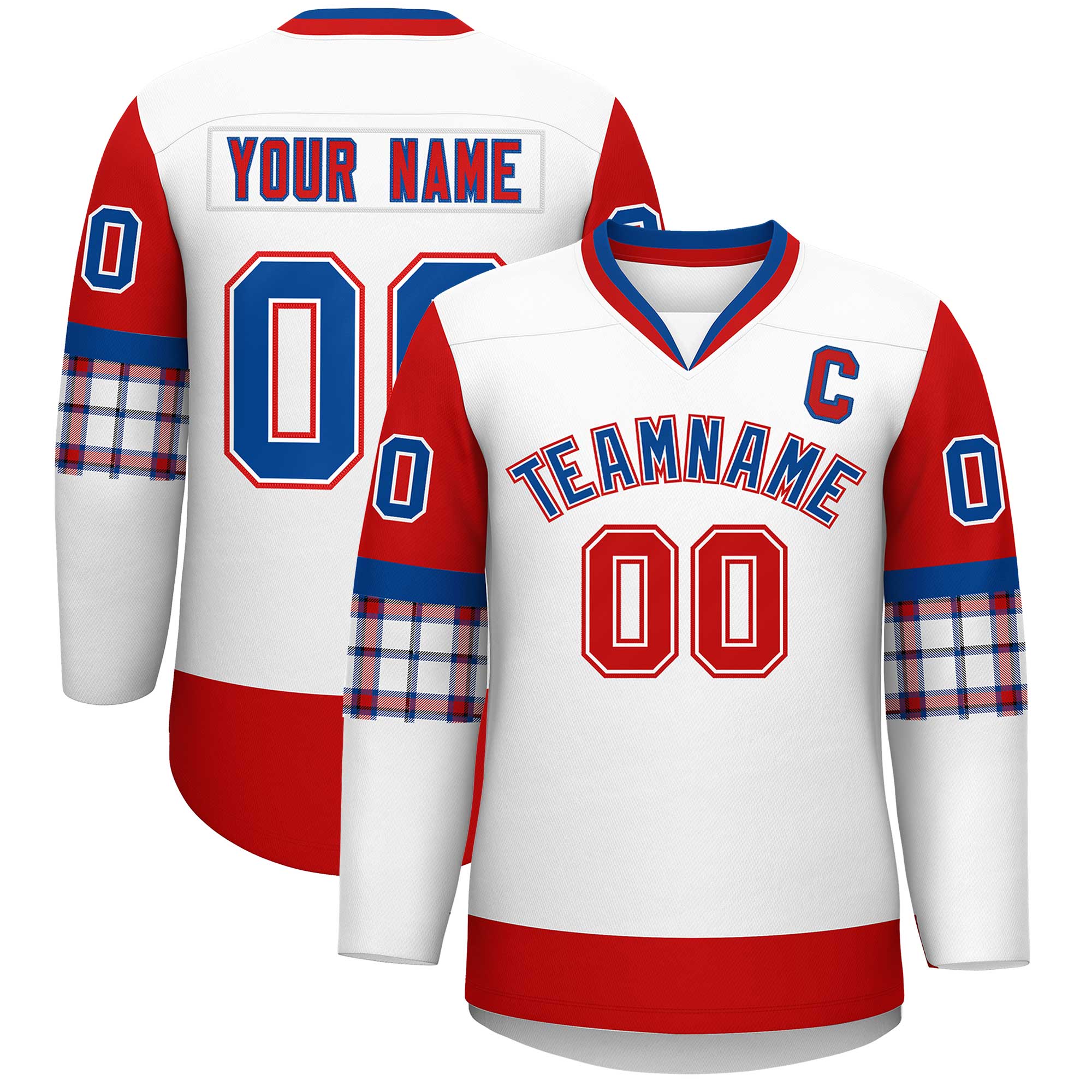 Custom White Red-Royal Personalized Raglan Sleeves V-Neck Hockey Jersey | KXKSHOP