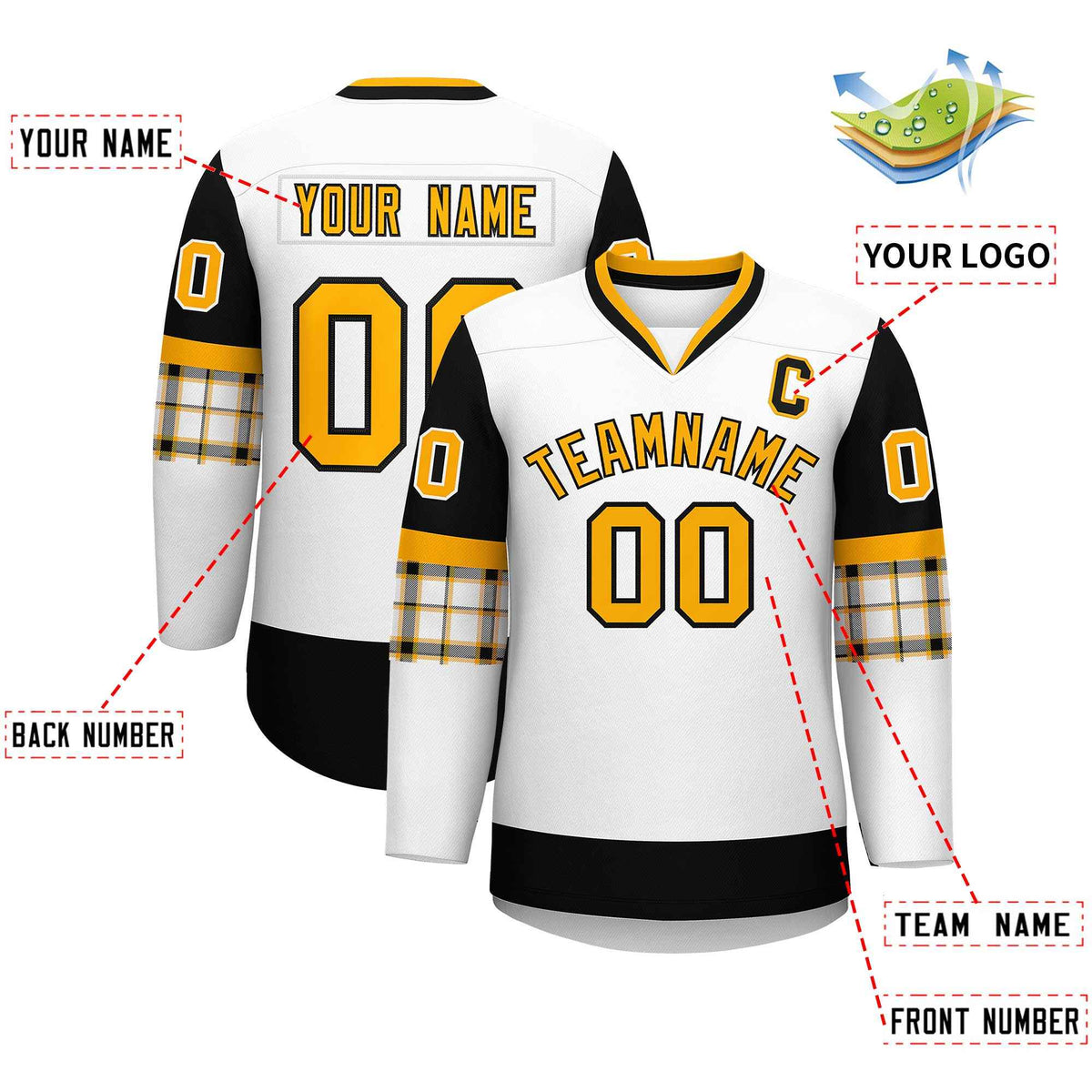 Custom White Black-Yellow Personalized Raglan Sleeves V-Neck Hockey Jersey | KXKSHOP