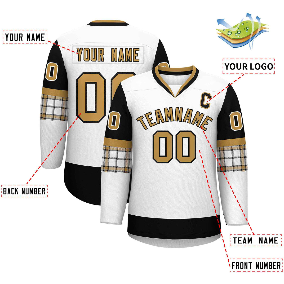 Custom White Black-Old Gold Personalized Raglan Sleeves V-Neck Hockey Jersey | KXKSHOP