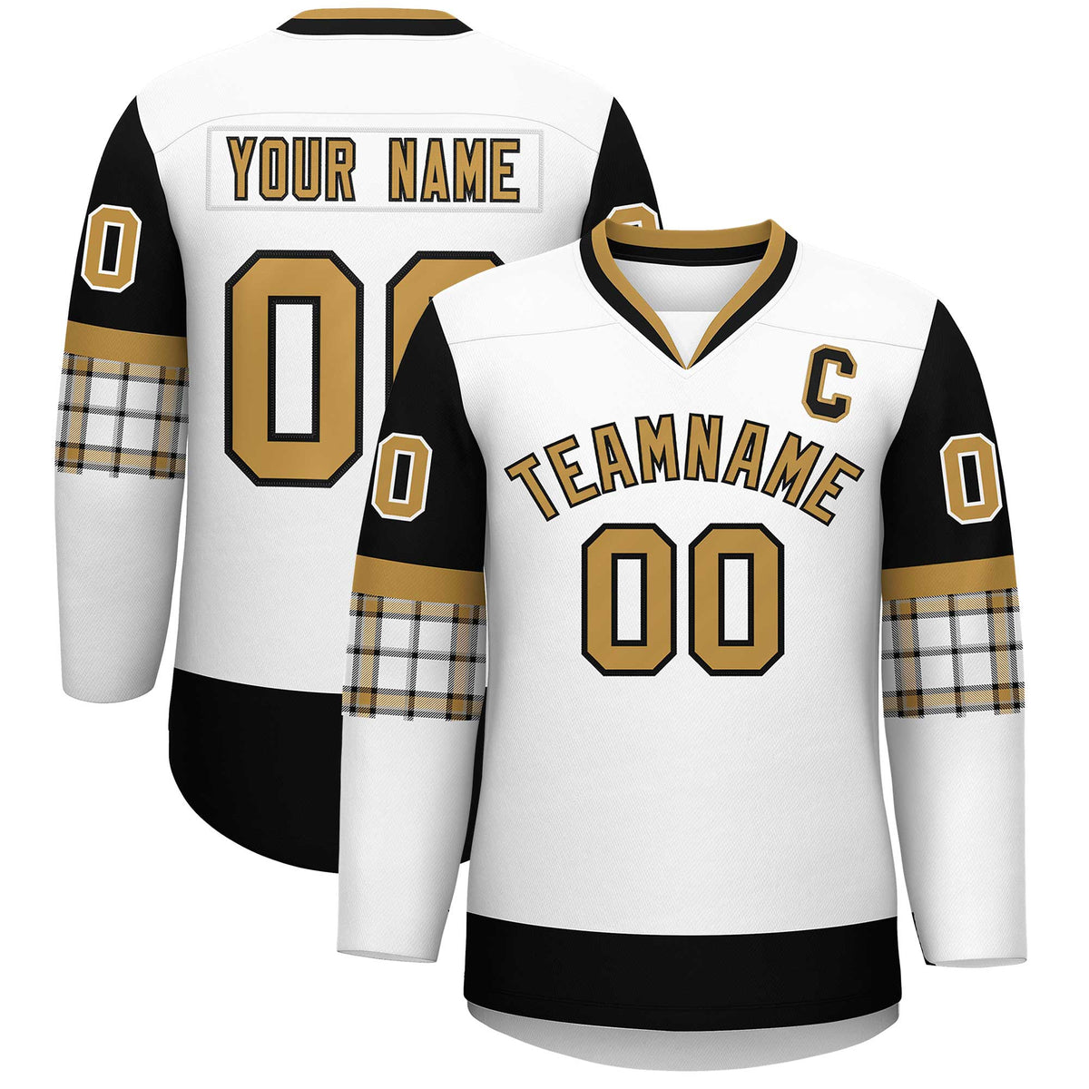 Custom White Black-Old Gold Personalized Raglan Sleeves V-Neck Hockey Jersey | KXKSHOP