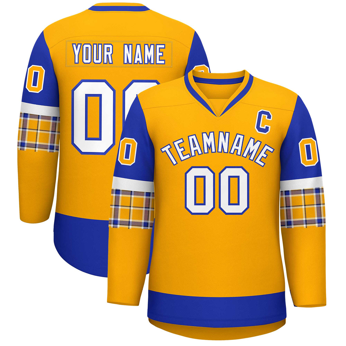 Custom Yellow Royal-White Personalized Raglan Sleeves V-Neck Hockey Jersey | KXKSHOP